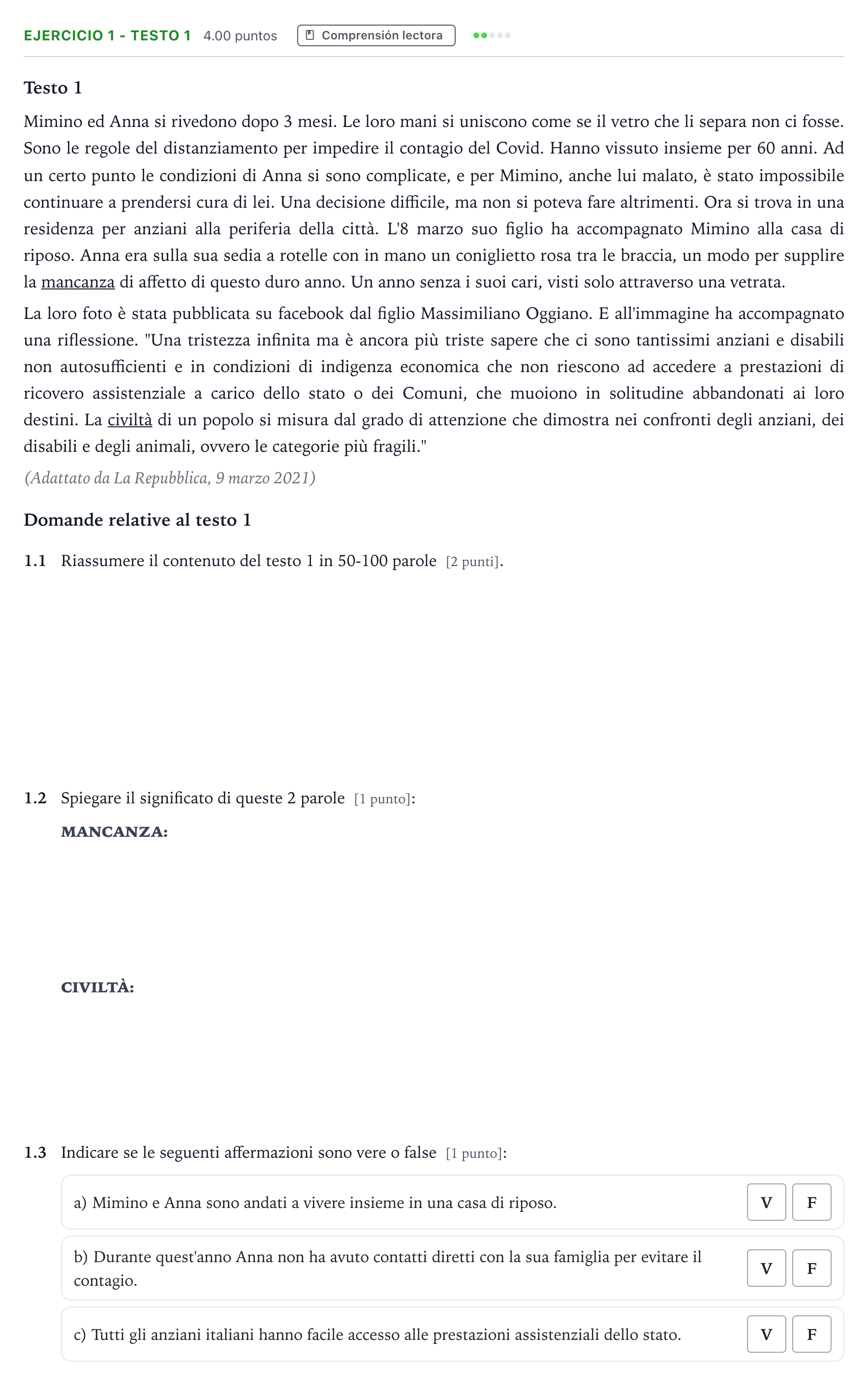 Enunciado: Ejercicio 1 - Testo 1 · Italiano PAU Andalucía Ordinaria Reserva 2021