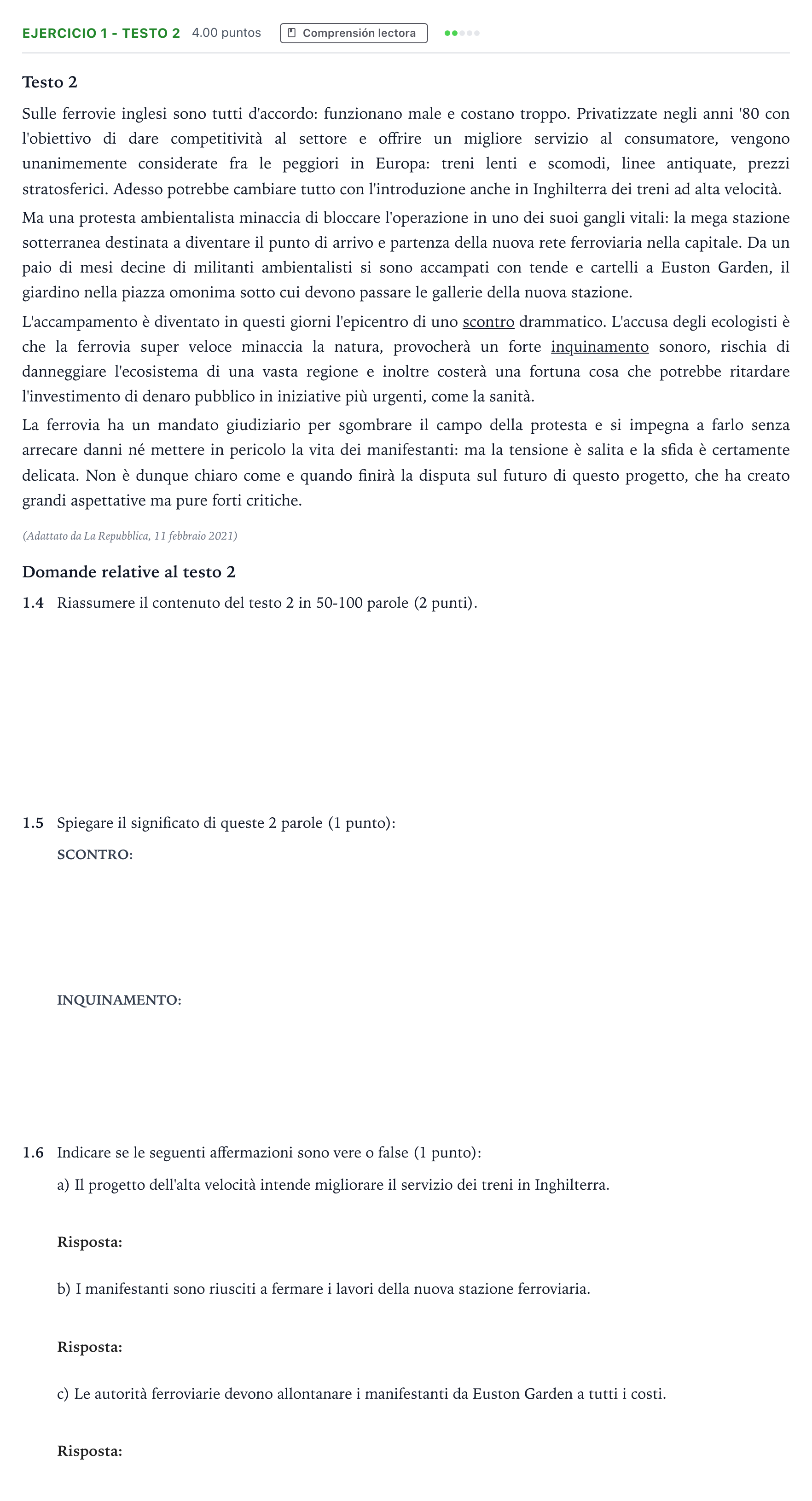 Enunciado: Ejercicio 1 - Testo 2 · Italiano PAU Andalucía Ordinaria Reserva 2021