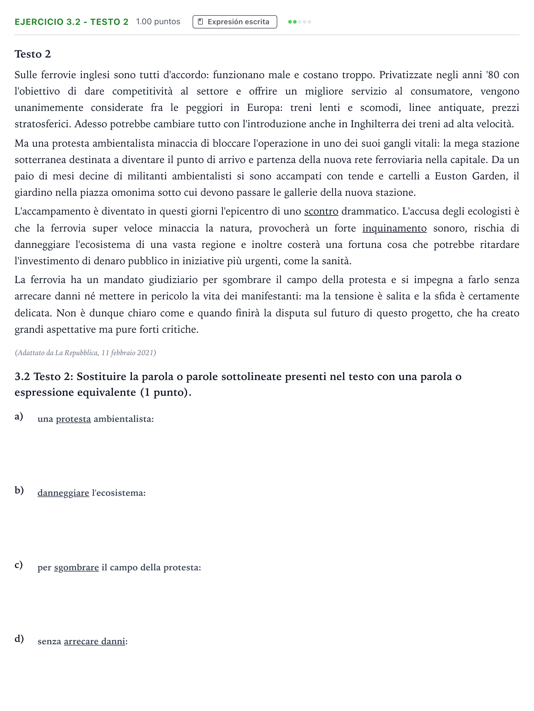 Enunciado: Ejercicio 3.2 - Testo 2 · Italiano PAU Andalucía Ordinaria Reserva 2021