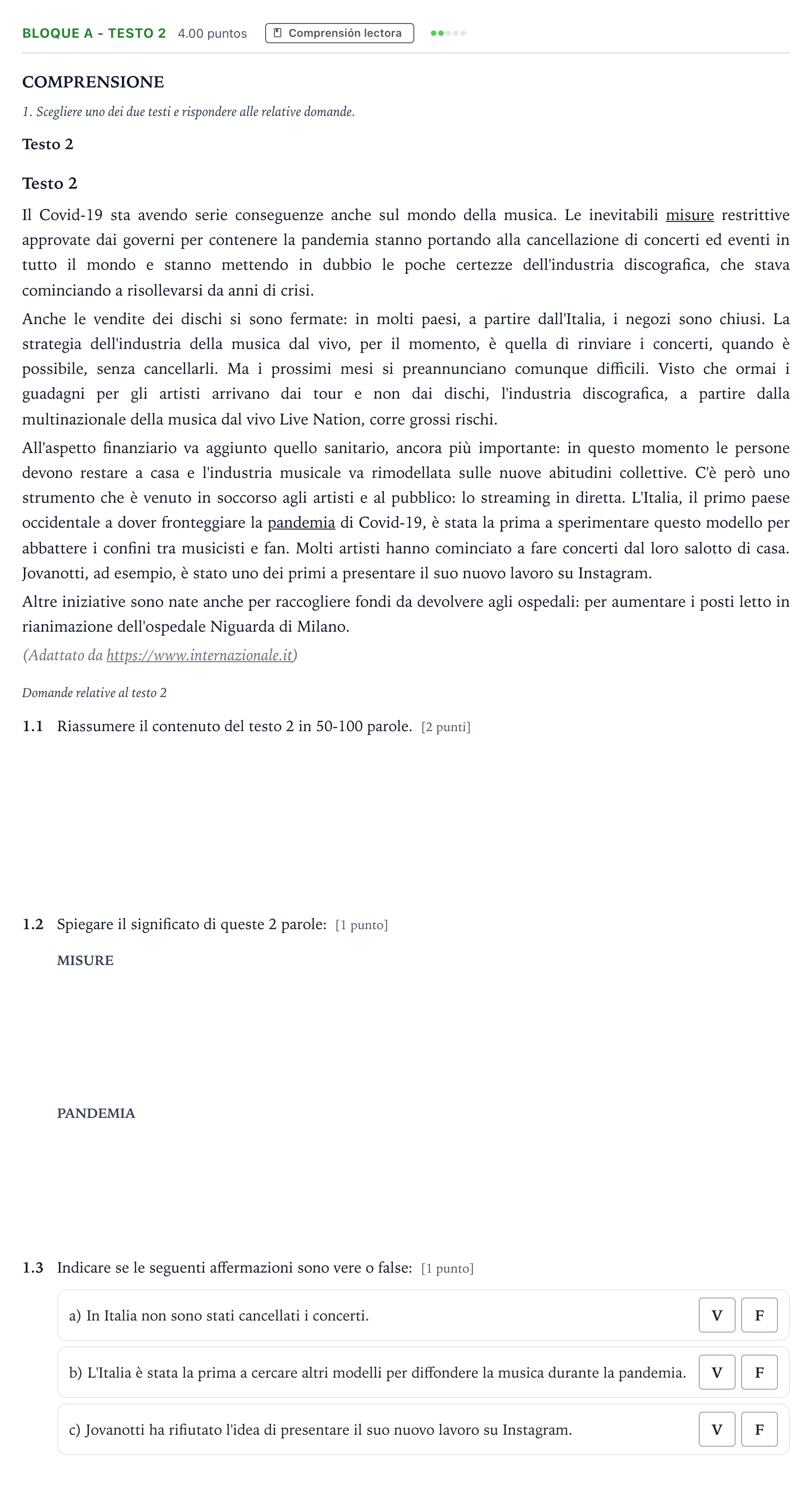 Enunciado: Bloque A - Testo 2 · Italiano PAU Andalucía Ordinaria Suplente 2021