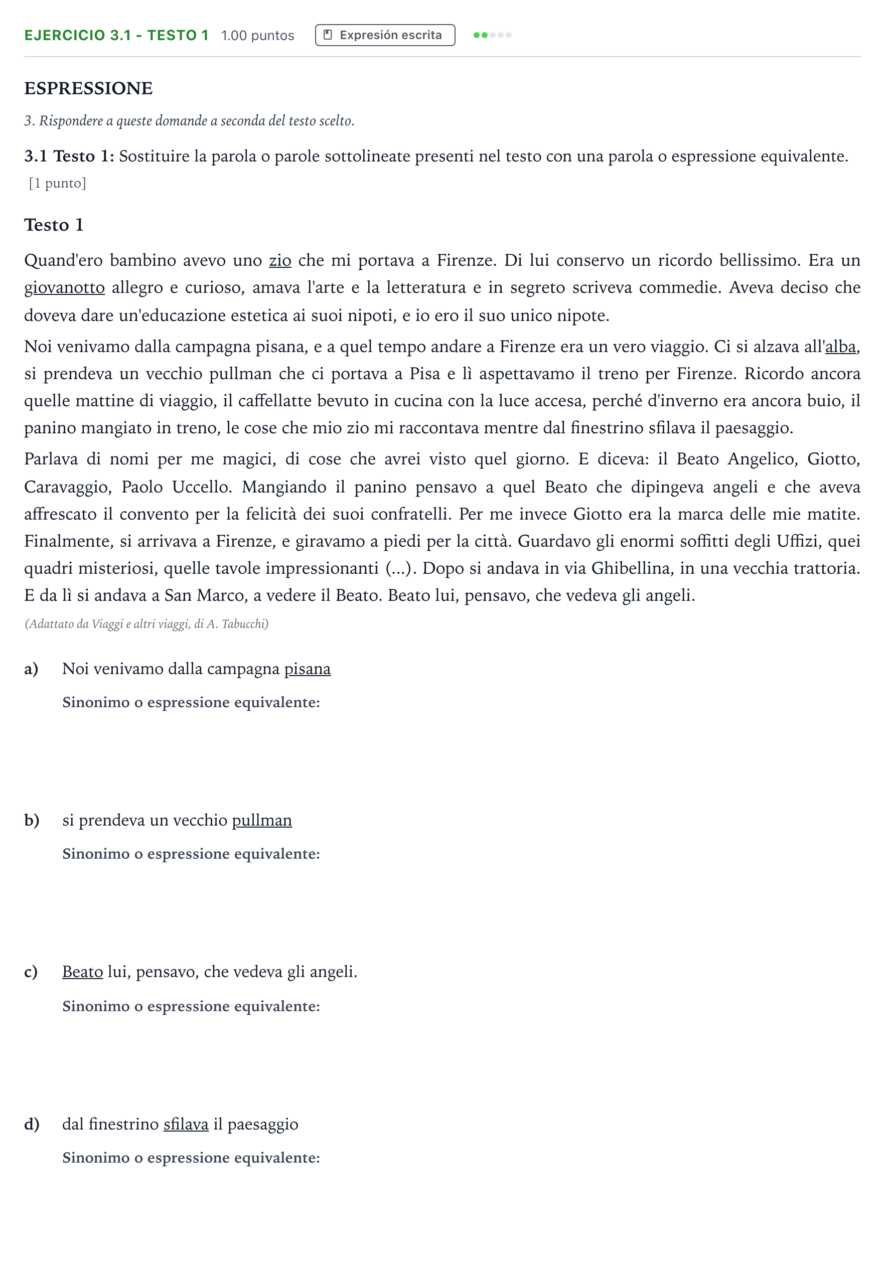 Enunciado: Ejercicio 3.1 - Testo 1 · Italiano PAU Andalucía Ordinaria Suplente 2021