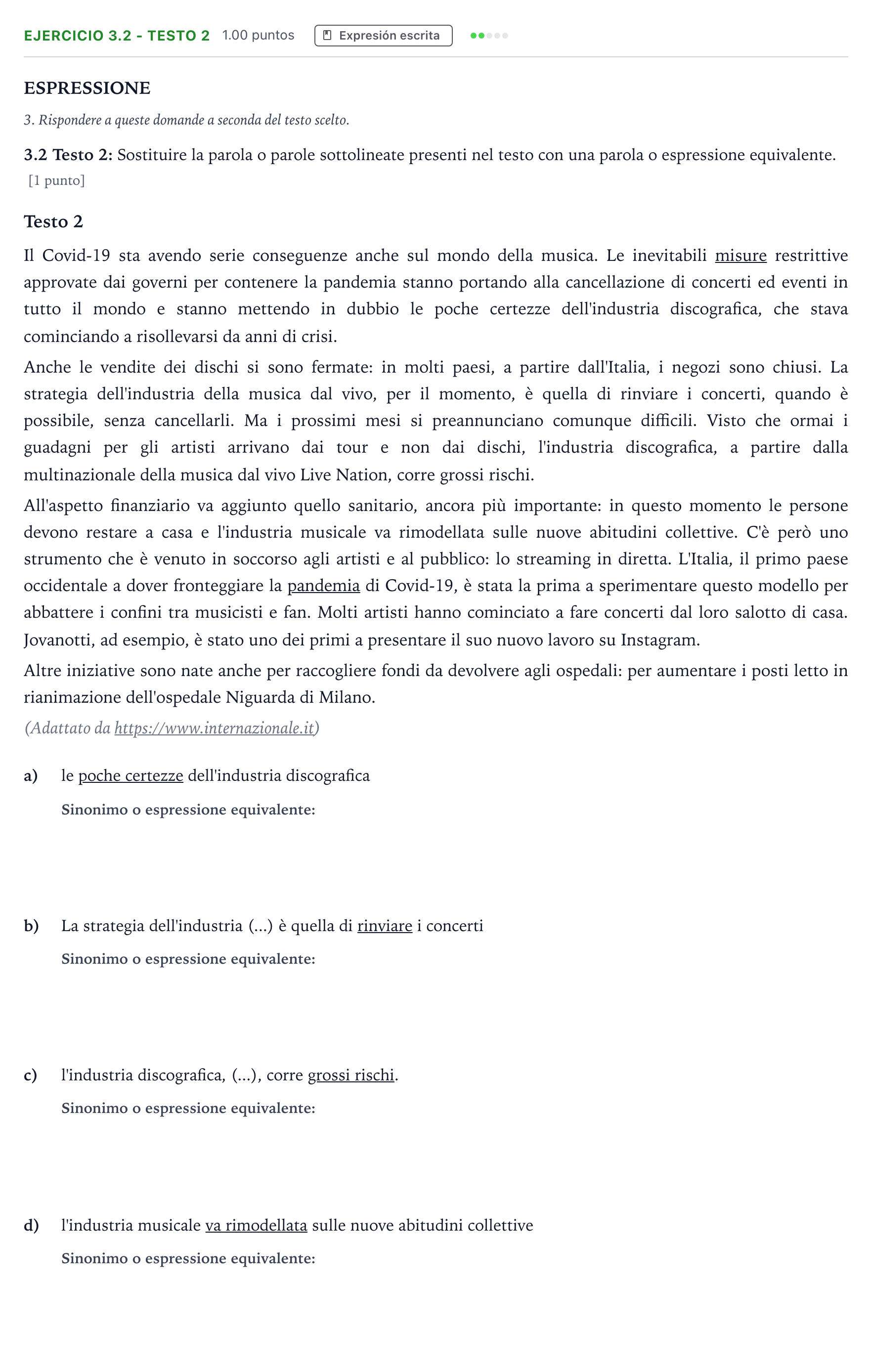 Enunciado: Ejercicio 3.2 - Testo 2 · Italiano PAU Andalucía Ordinaria Suplente 2021