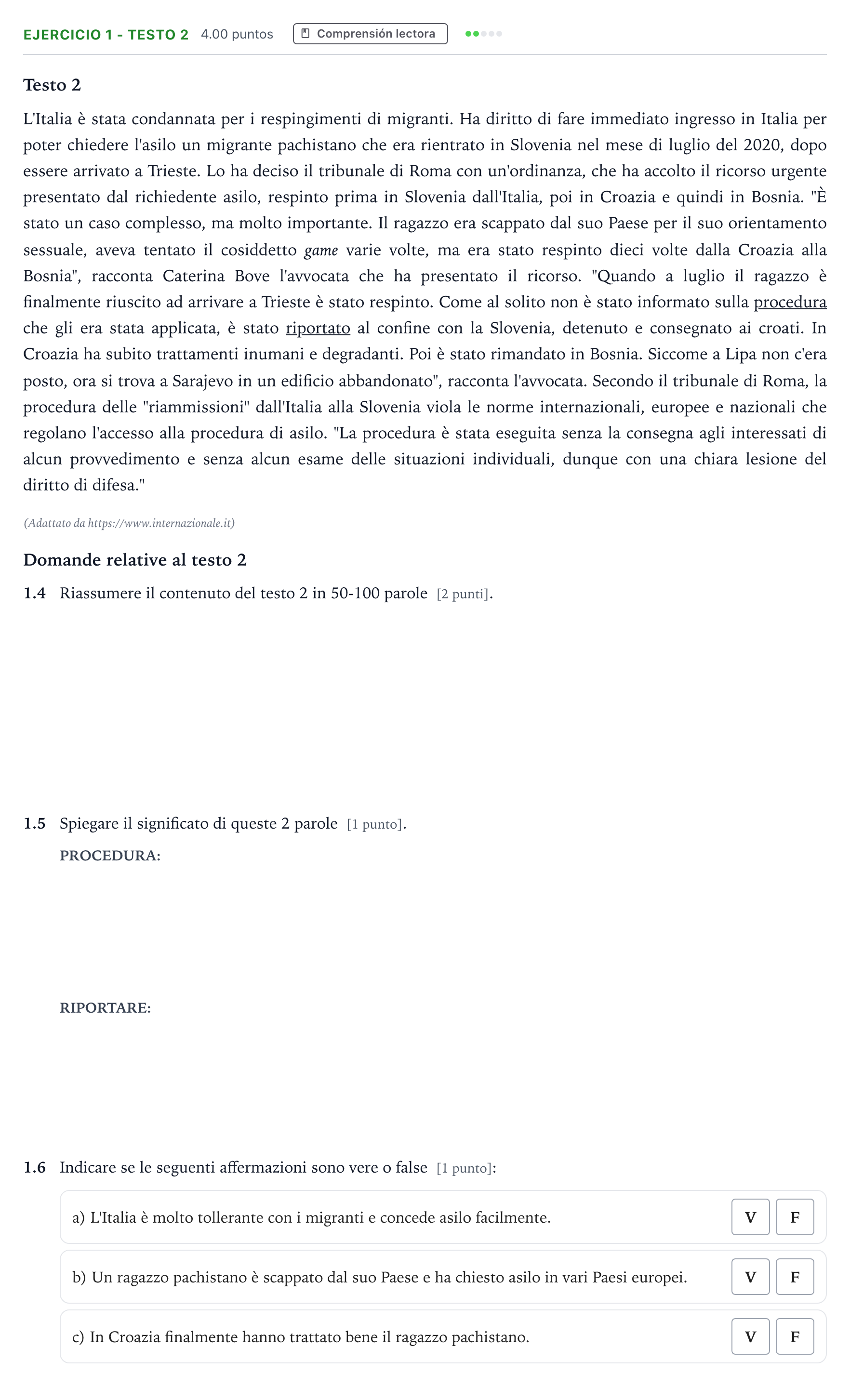 Enunciado: Ejercicio 1 - Testo 2 · Italiano PAU Andalucía Ordinaria Titular (Admisión) 2021