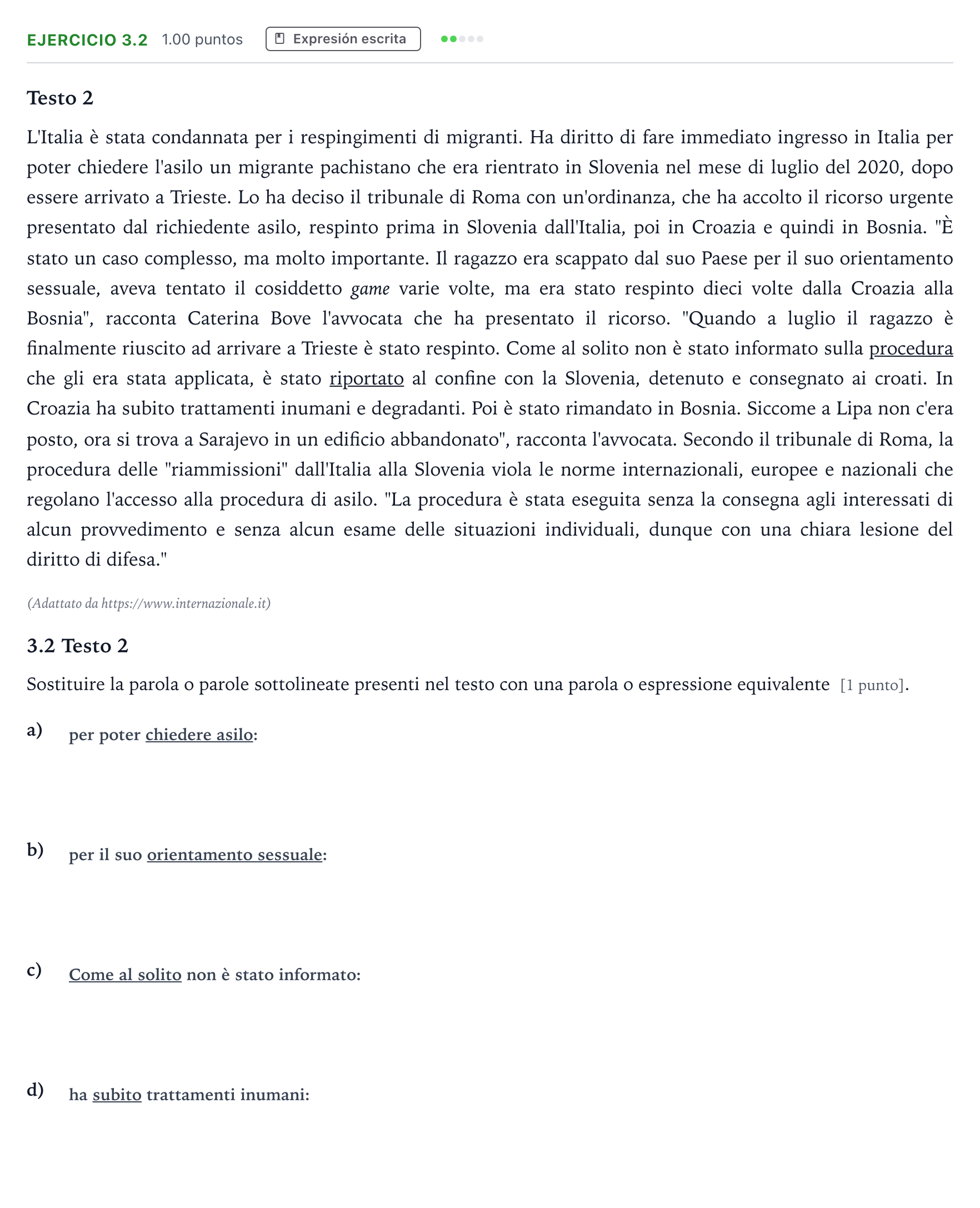 Enunciado: Ejercicio 3.2 · Italiano PAU Andalucía Ordinaria Titular (Admisión) 2021