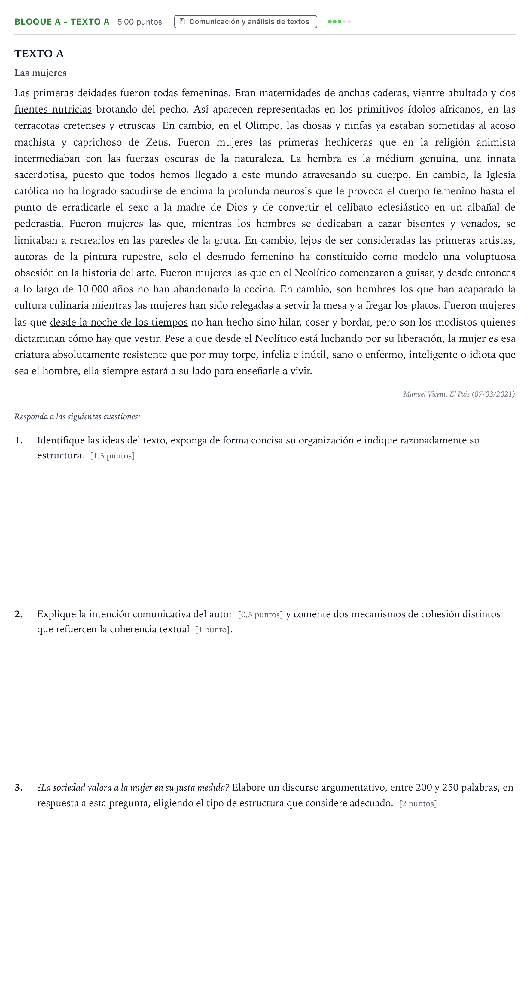 Enunciado: Bloque A - Texto A · Lengua Castellana y Literatura II PAU Andalucía Extraordinaria Suplente 2021