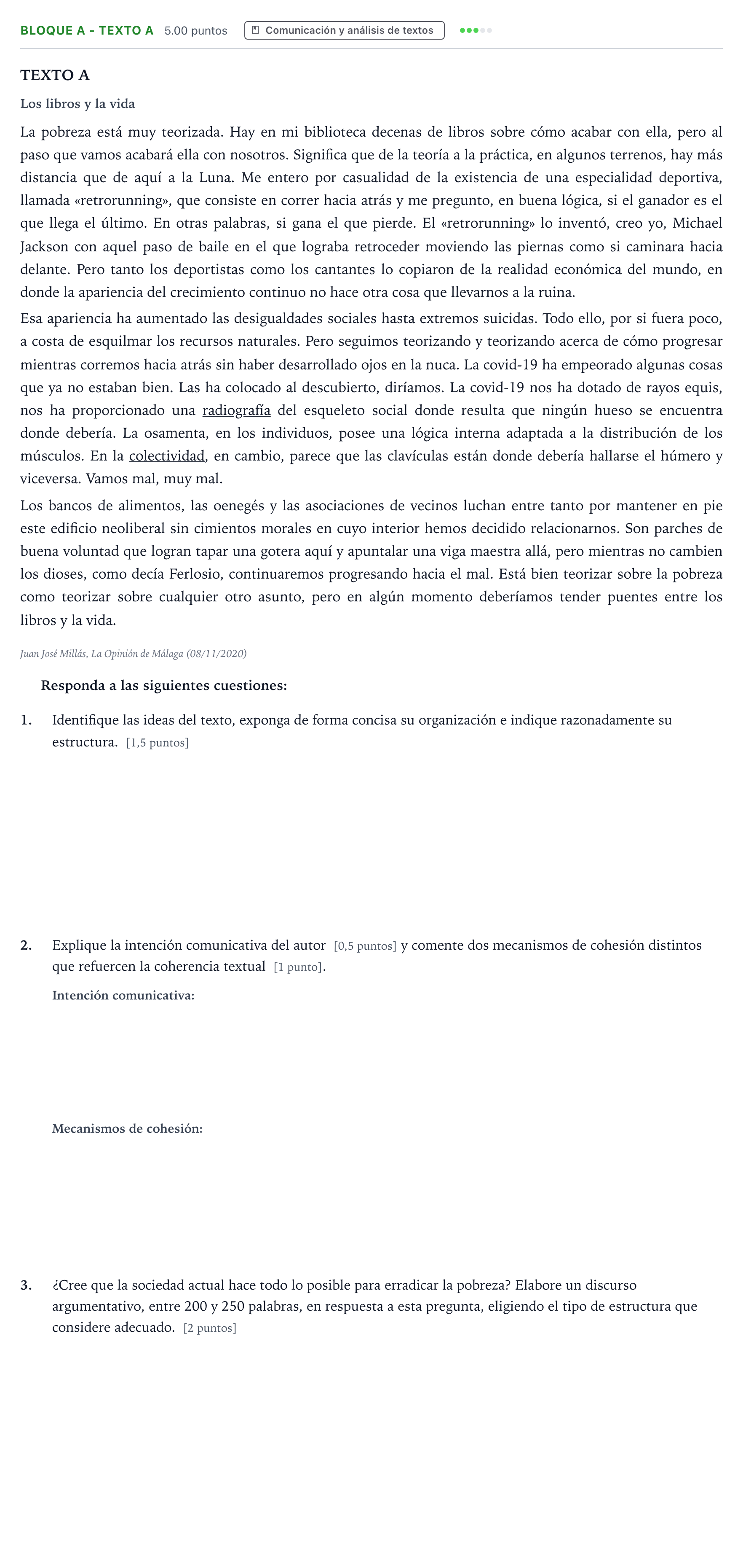Enunciado: Bloque A - Texto A · Lengua Castellana y Literatura II PAU Andalucía Ordinaria Reserva 2021