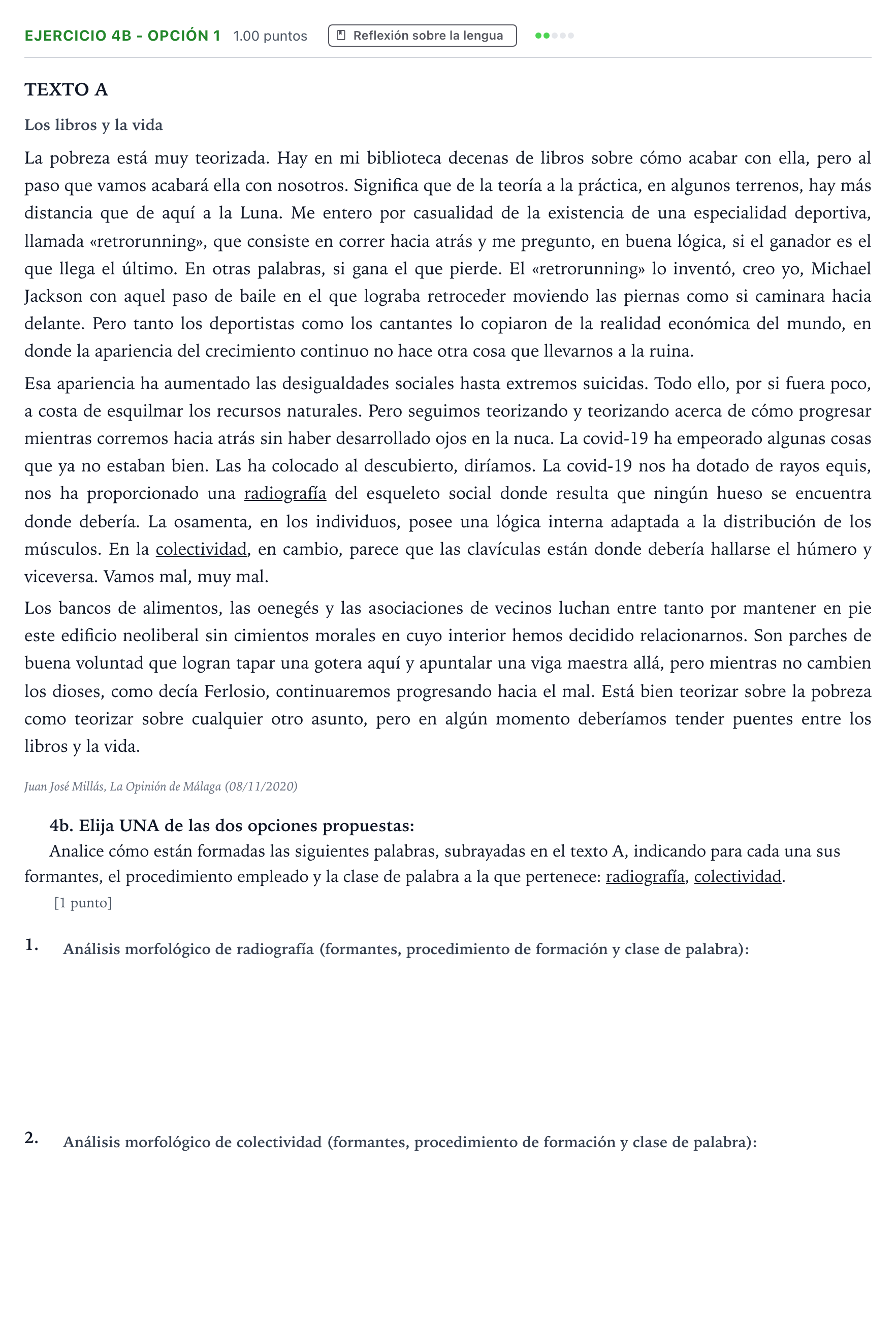 Enunciado: Ejercicio 4b - Opción 1 · Lengua Castellana y Literatura II PAU Andalucía Ordinaria Reserva 2021