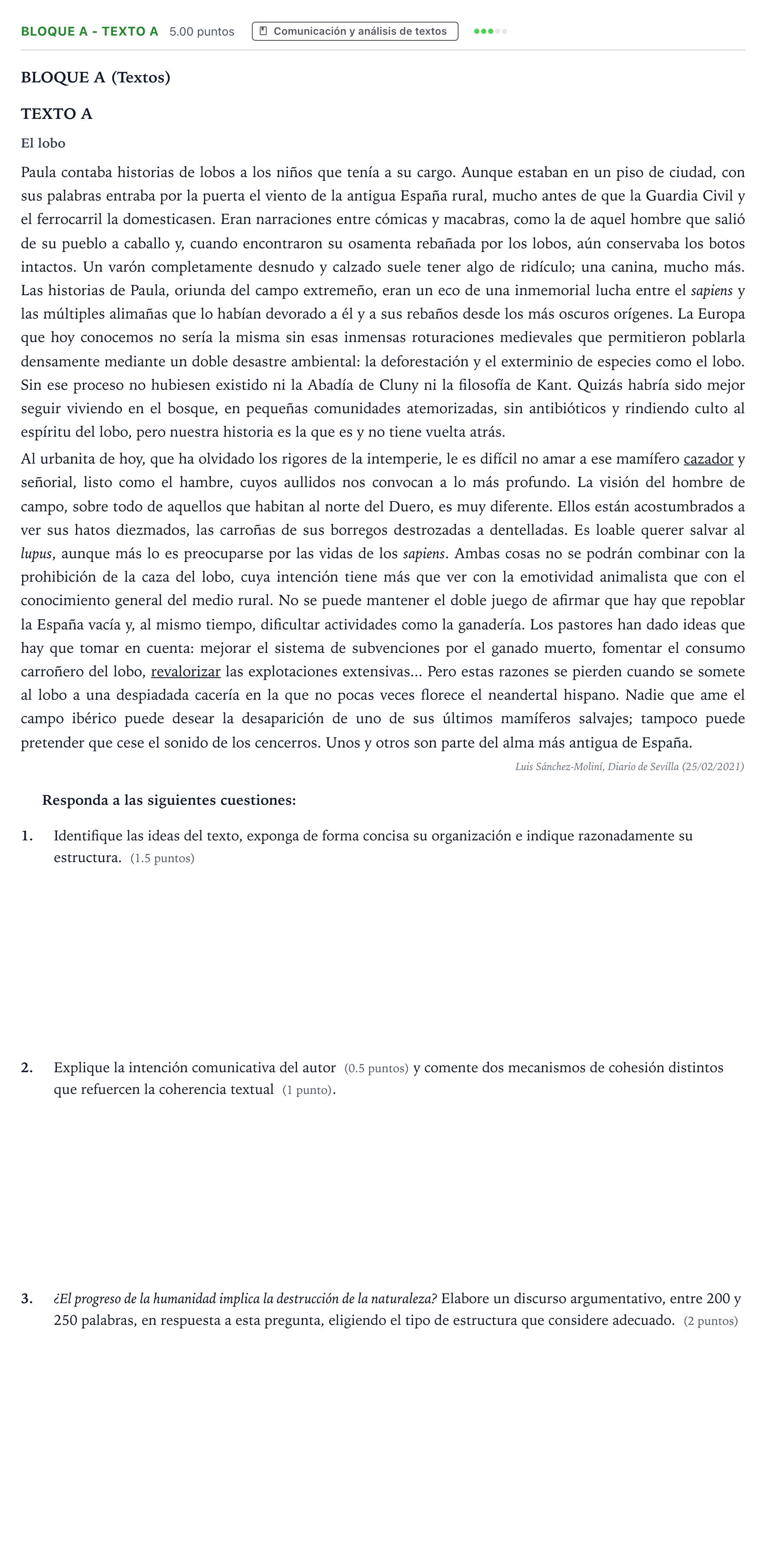 Enunciado: Bloque A - Texto A · Lengua Castellana y Literatura II PAU Andalucía Ordinaria Titular 2021