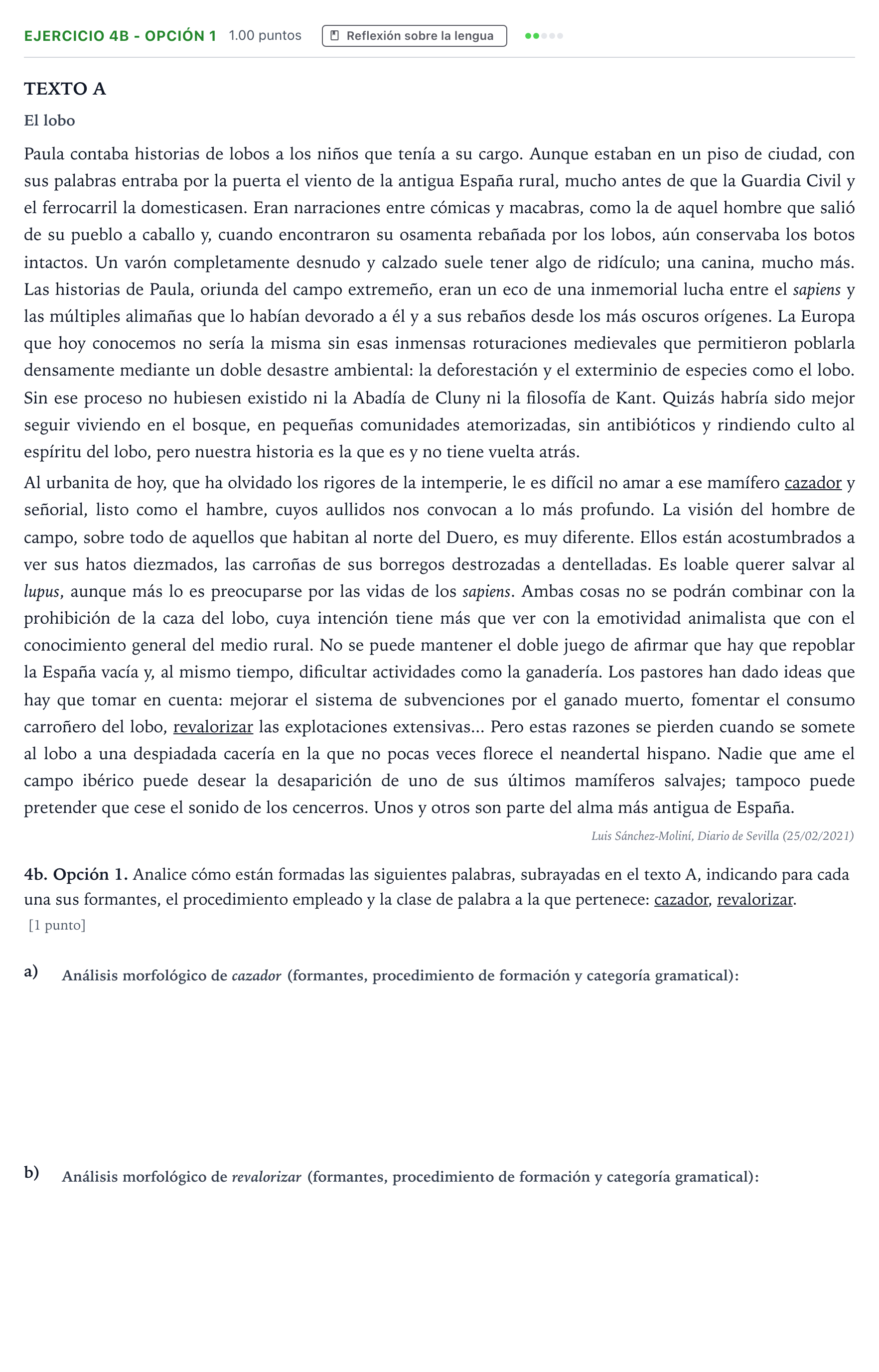 Enunciado: Ejercicio 4b - Opción 1 · Lengua Castellana y Literatura II PAU Andalucía Ordinaria Titular 2021