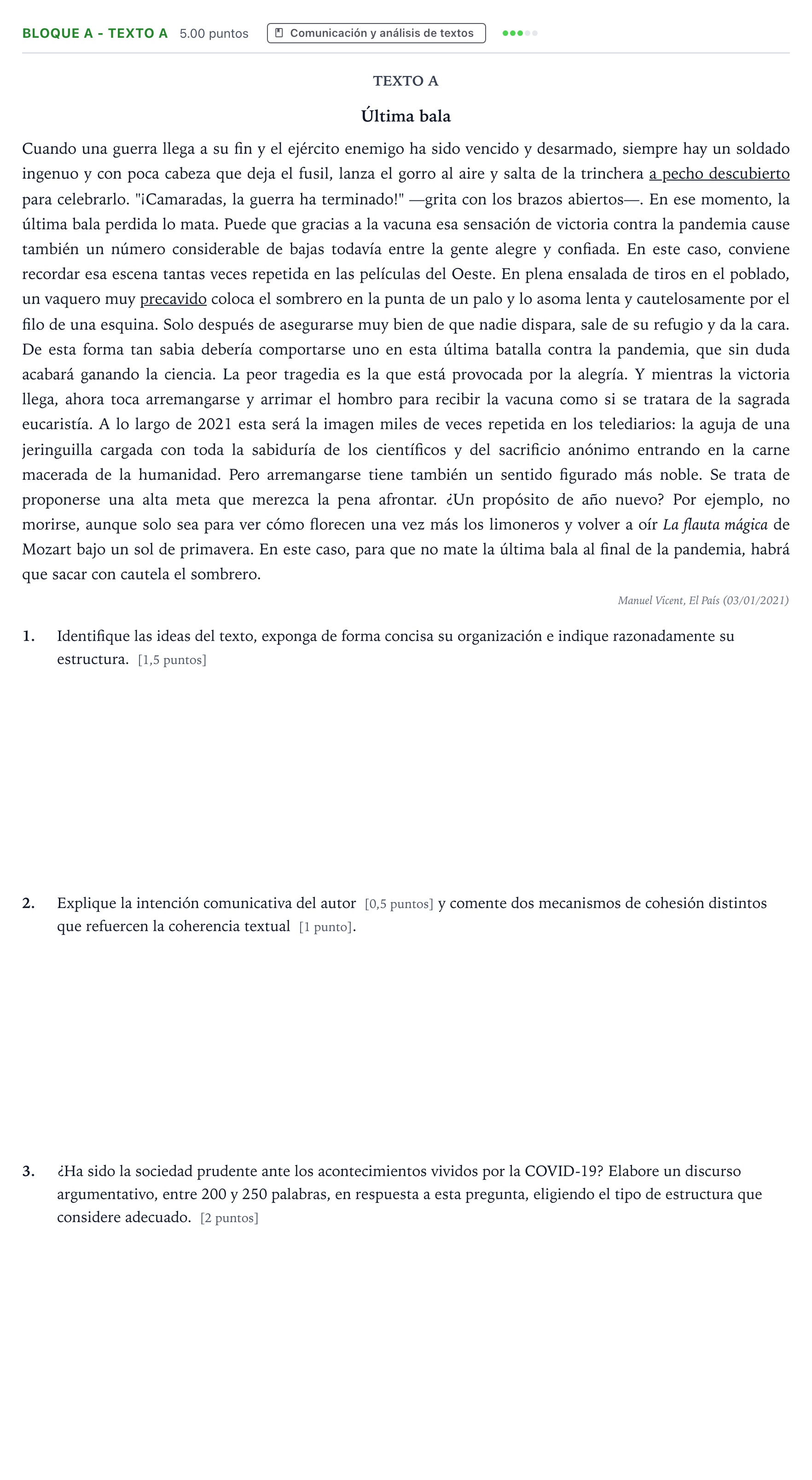 Enunciado: Bloque A - Texto A · Lengua Castellana y Literatura II PAU Andalucía Ordinaria Suplente 2021