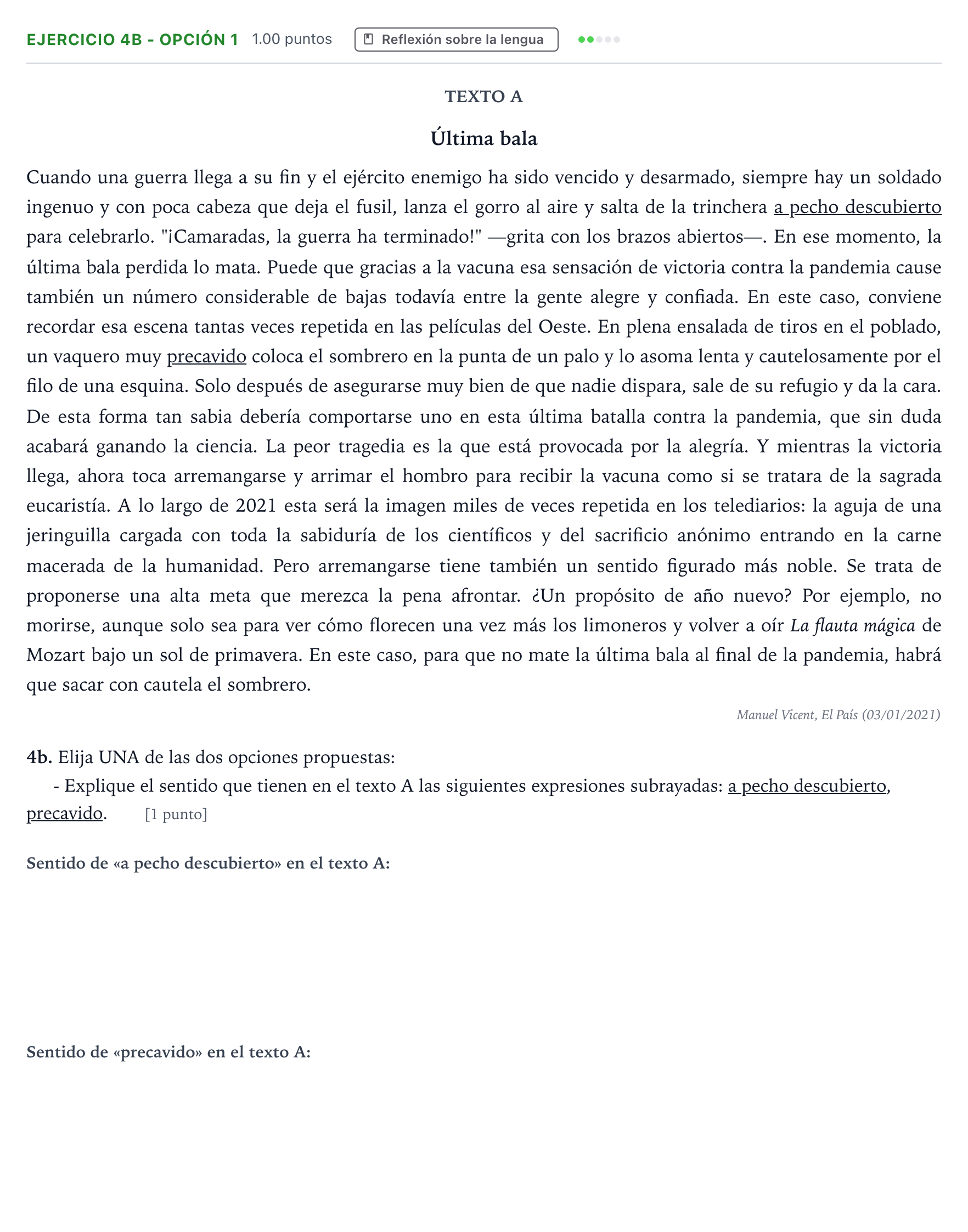 Enunciado: Ejercicio 4b - Opción 1 · Lengua Castellana y Literatura II PAU Andalucía Ordinaria Suplente 2021
