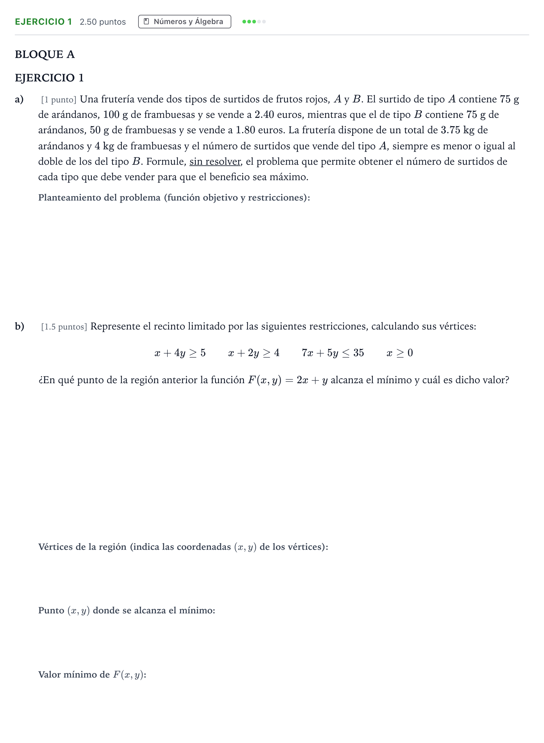 Enunciado: Ejercicio 1 · Matemáticas aplicadas a las Ciencias Sociales II PAU Andalucía Ordinaria Reserva 2021