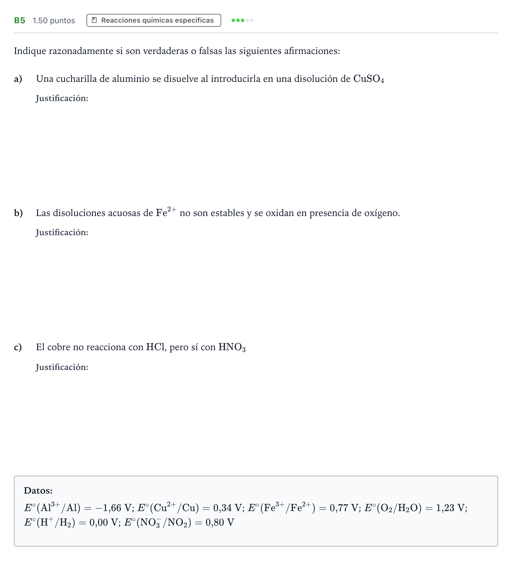 Enunciado: Ejercicio B5 · Química PAU Andalucía Extraordinaria Reserva 2021