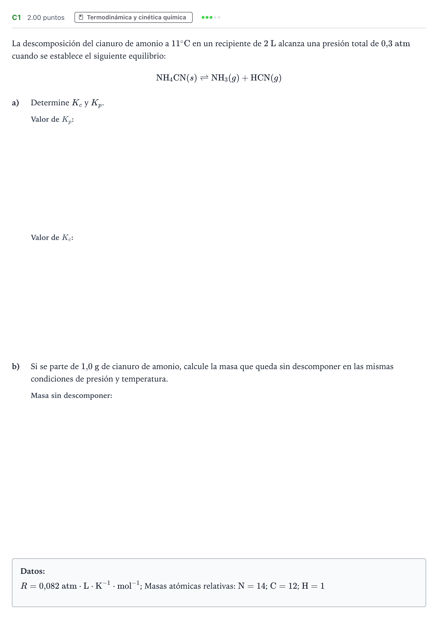 Enunciado: Ejercicio C1 · Química PAU Andalucía Extraordinaria Reserva 2021