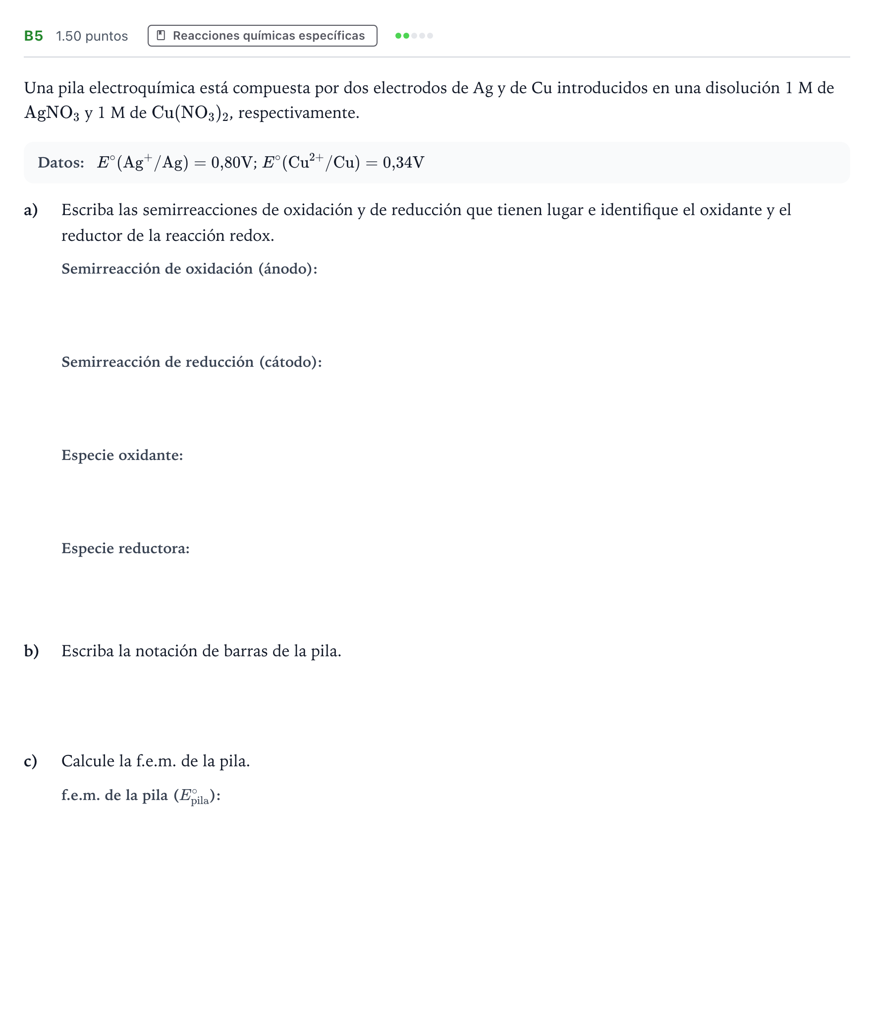 Enunciado: Ejercicio B5 · Química PAU Andalucía Extraordinaria Suplente 2021