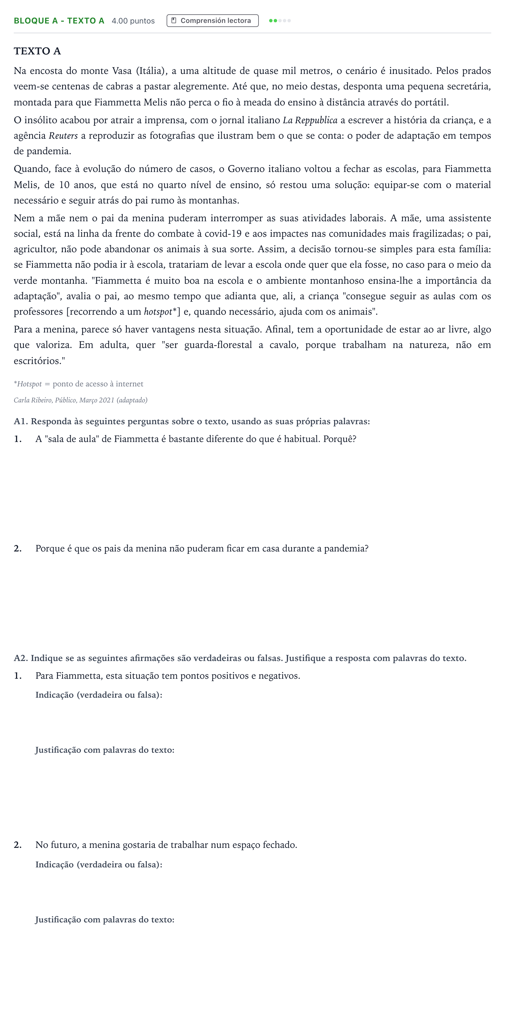 Enunciado: Bloque A - Texto A · Portugués PAU Andalucía Ordinaria Suplente 2021