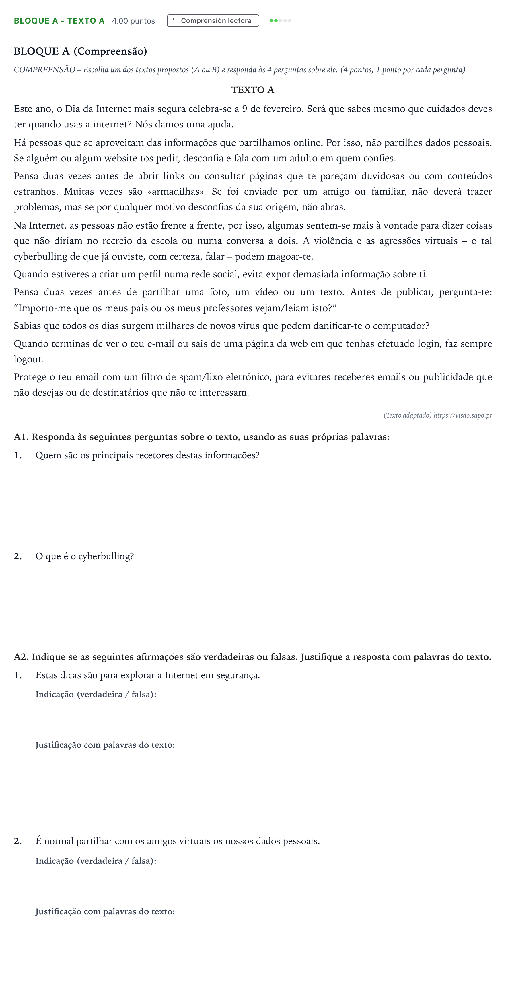 Enunciado: Bloque A - Texto A · Portugués PAU Andalucía Ordinaria Titular (Acceso) 2021