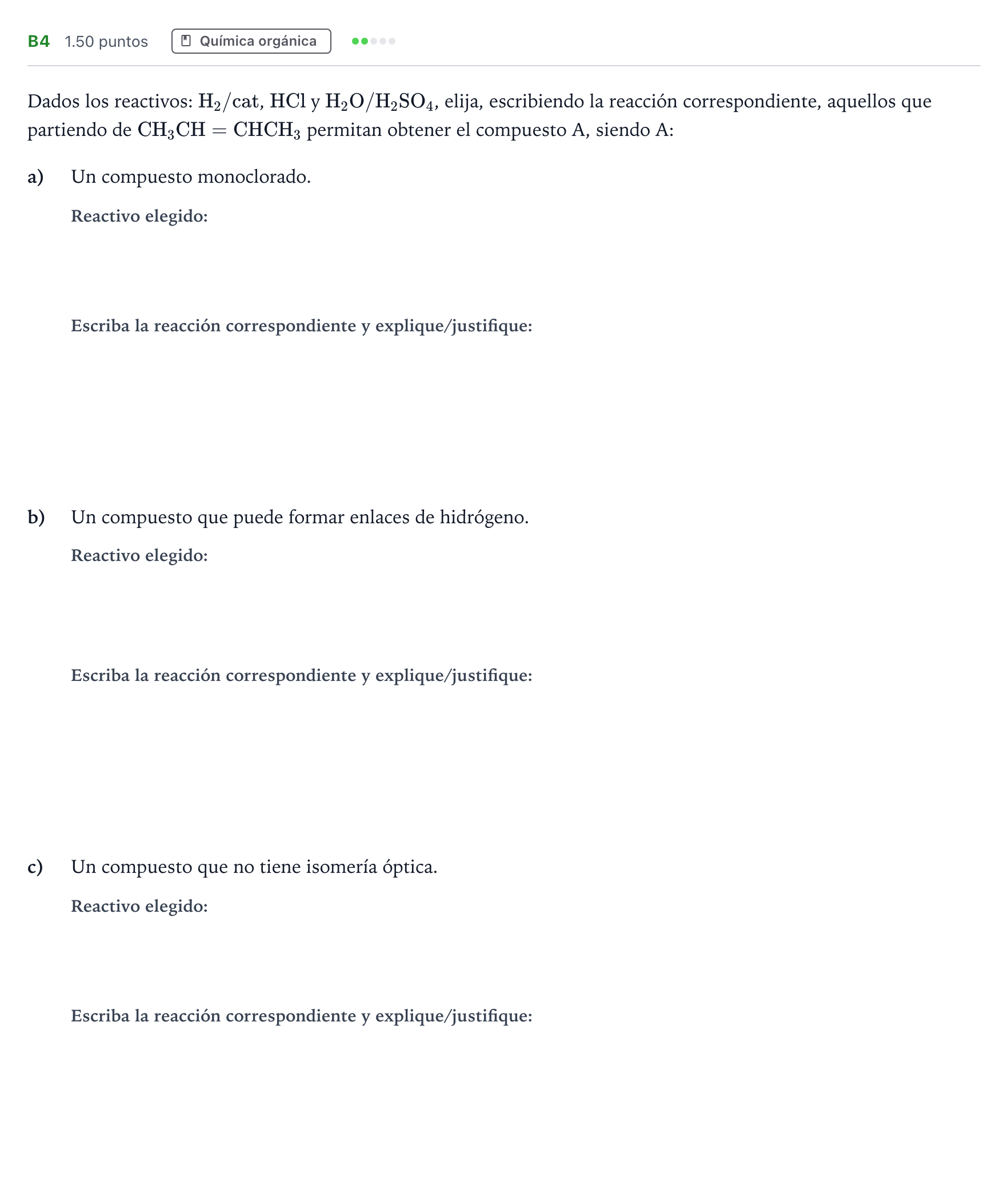 Enunciado: Ejercicio B4 · Química PAU Andalucía Ordinaria Suplente 2021