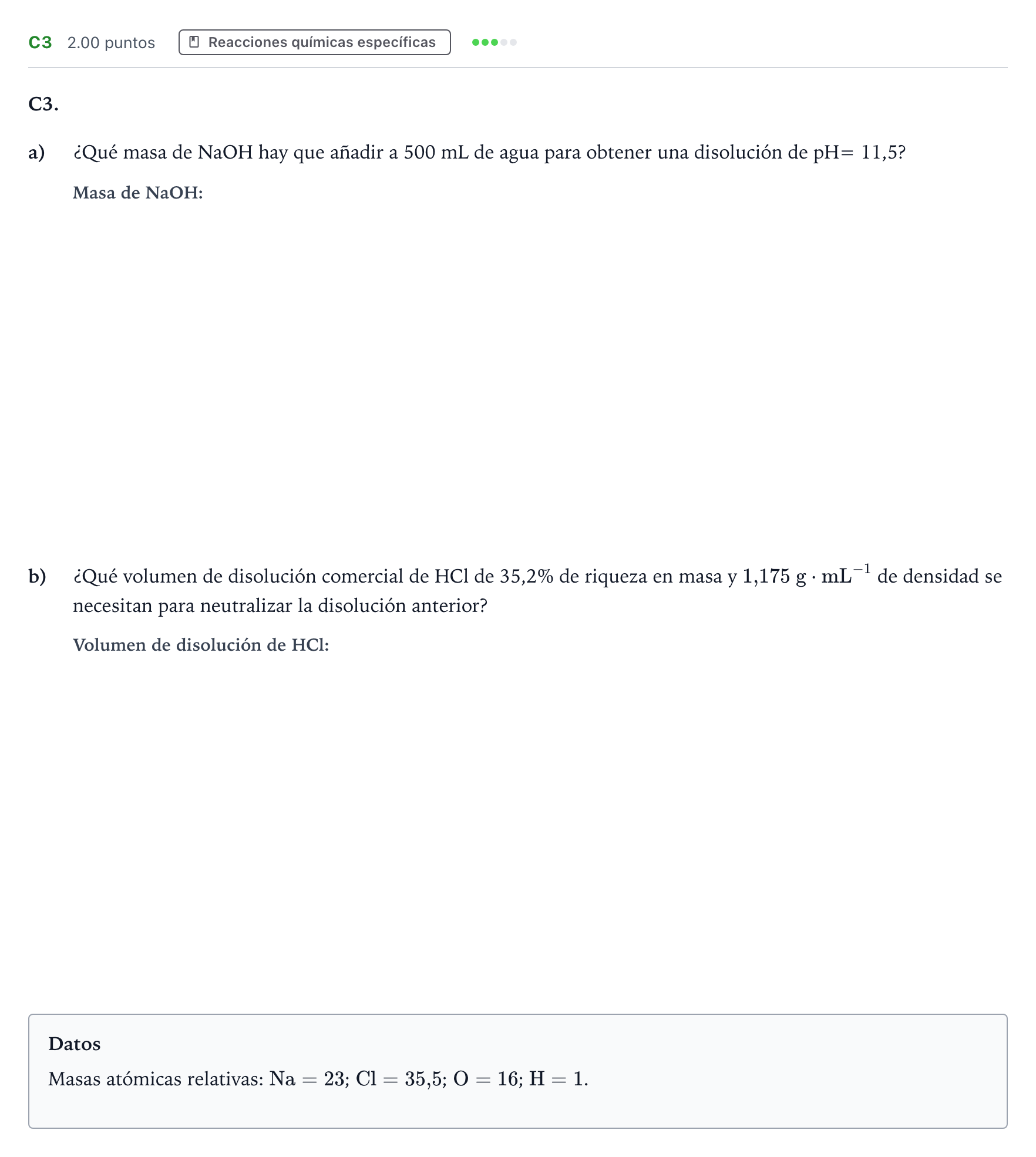 Enunciado: Ejercicio C3 · Química PAU Andalucía Ordinaria Suplente 2021