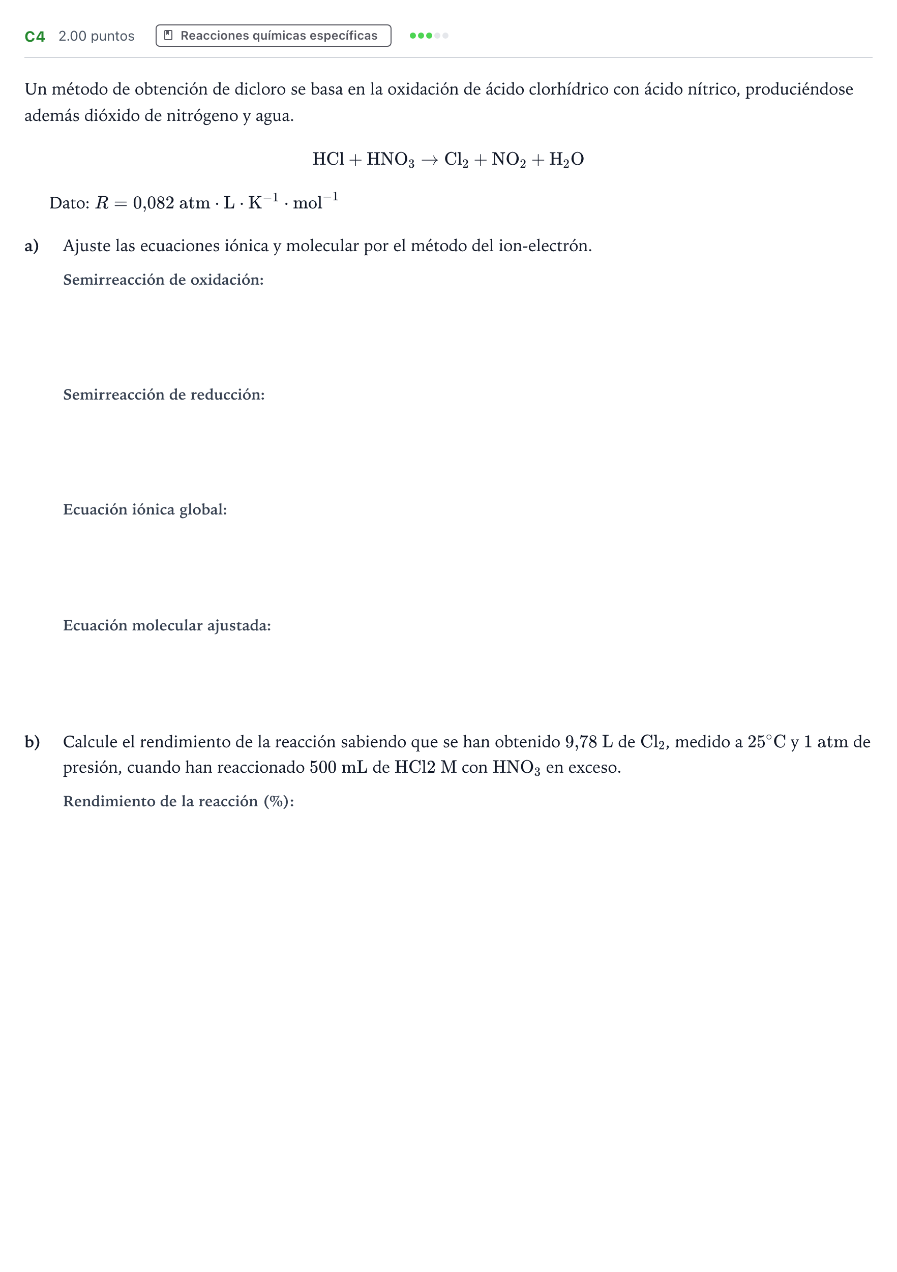 Enunciado: Ejercicio C4 · Química PAU Andalucía Ordinaria Suplente 2021