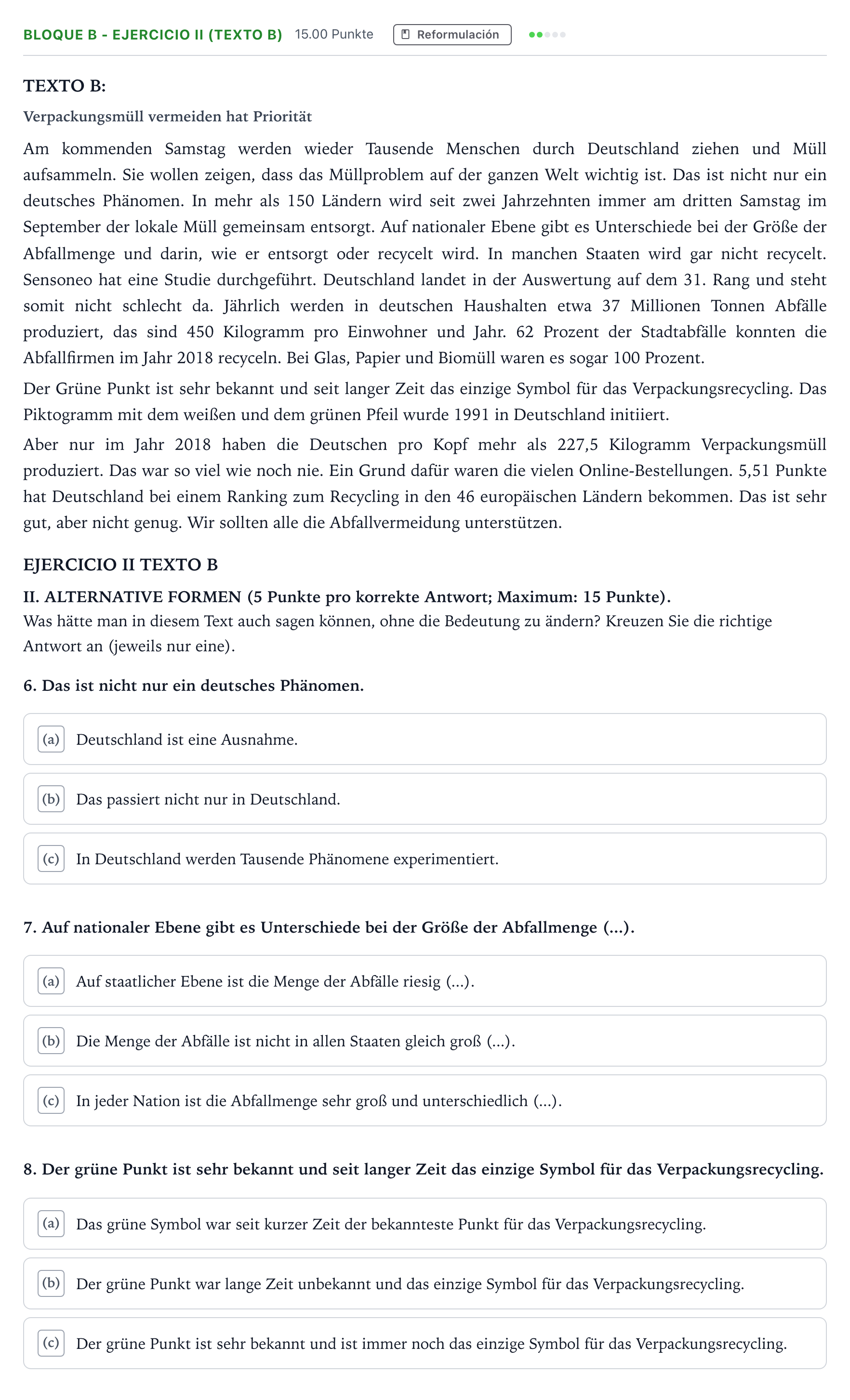 Enunciado: Bloque B - Ejercicio II (Texto B) · Alemán PAU Andalucía Ordinaria Titular (Admisión) 2022