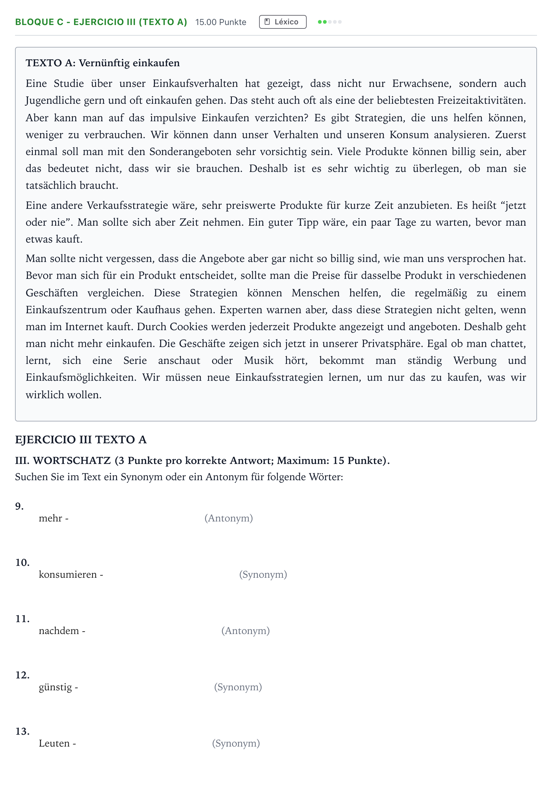 Enunciado: Bloque C - Ejercicio III (Texto A) · Alemán PAU Andalucía Ordinaria Titular (Admisión) 2022