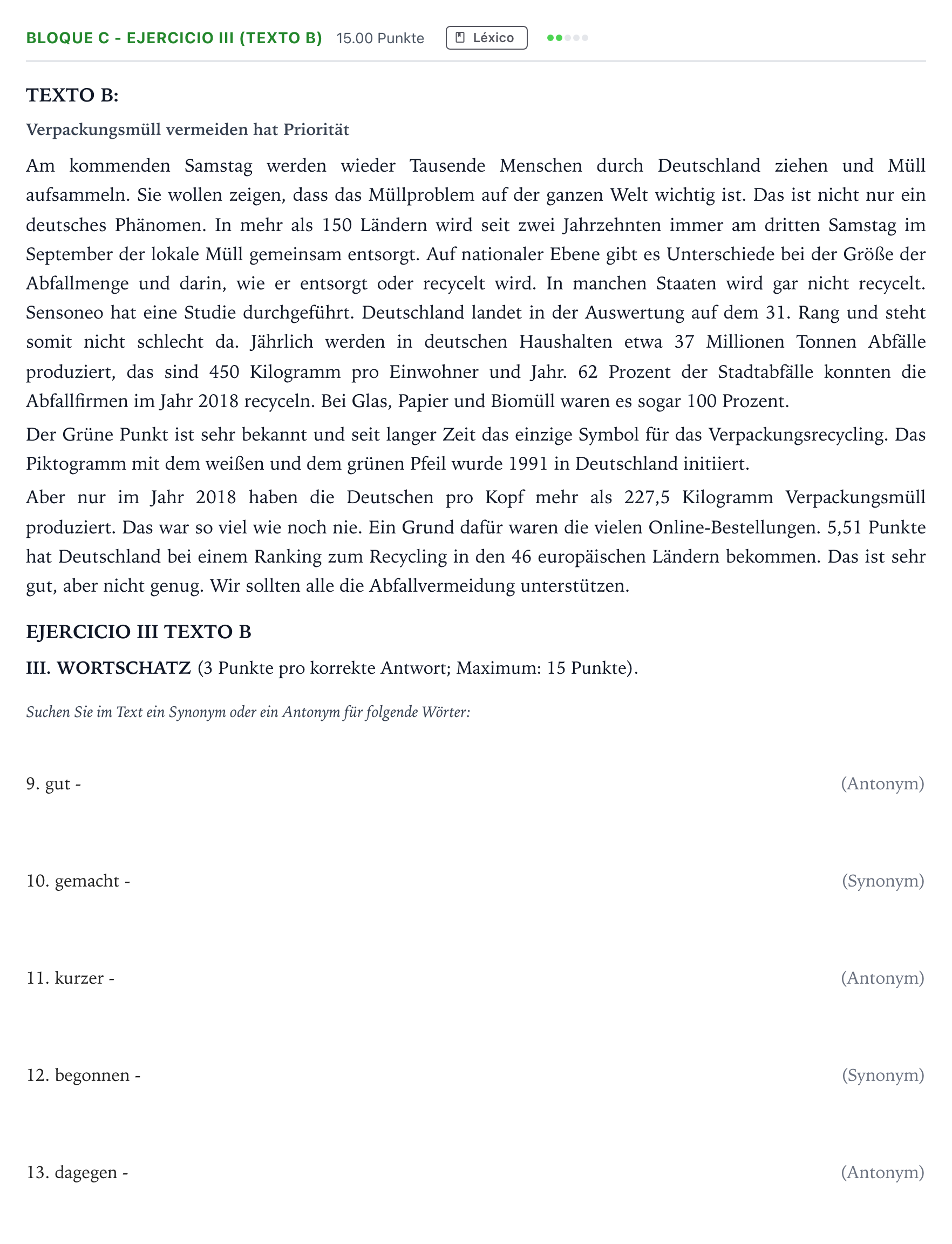 Enunciado: Bloque C - Ejercicio III (Texto B) · Alemán PAU Andalucía Ordinaria Titular (Admisión) 2022