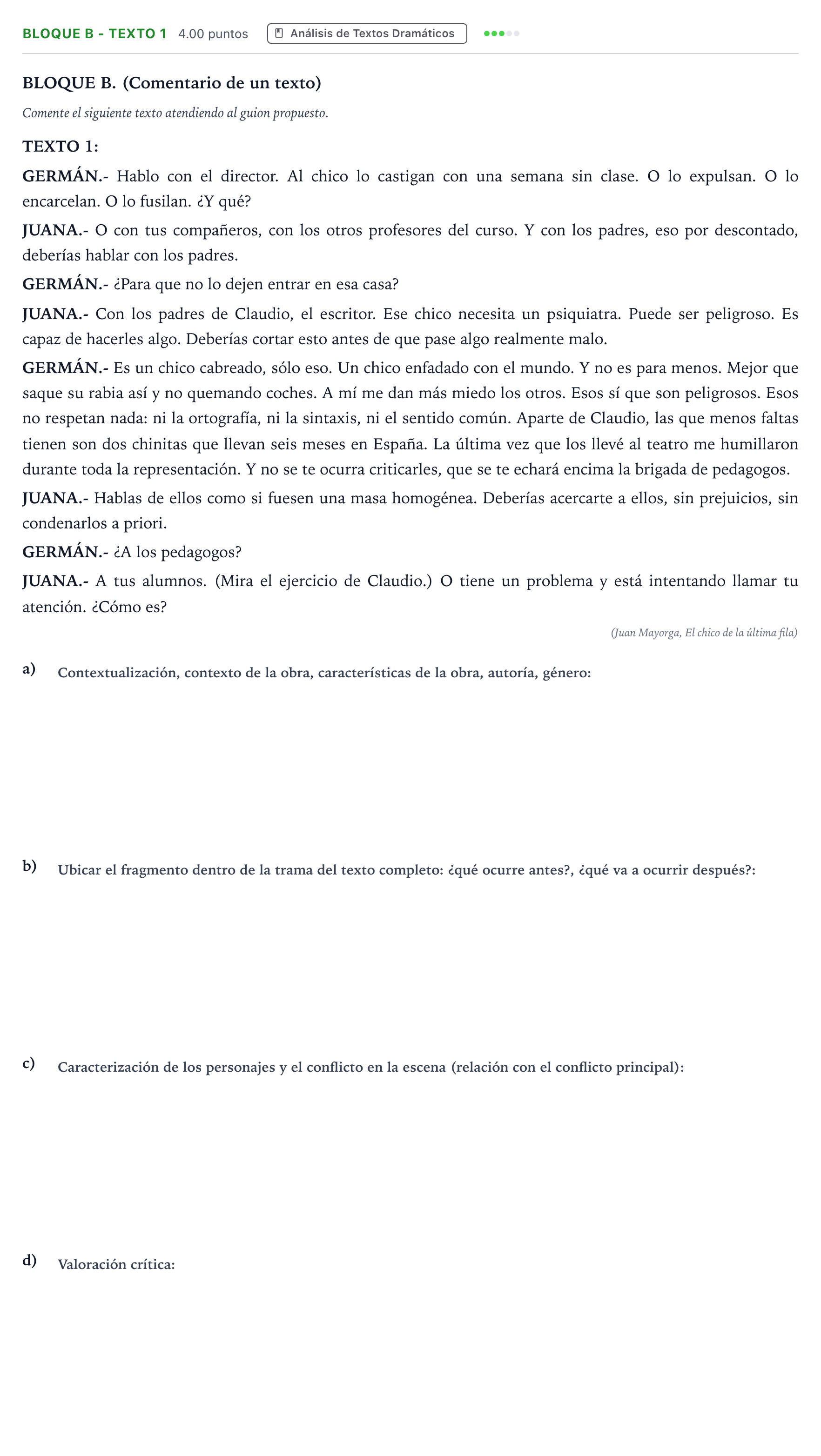Enunciado: Bloque B - Texto 1 · Artes Escénicas PAU Andalucía Extraordinaria Reserva 2022