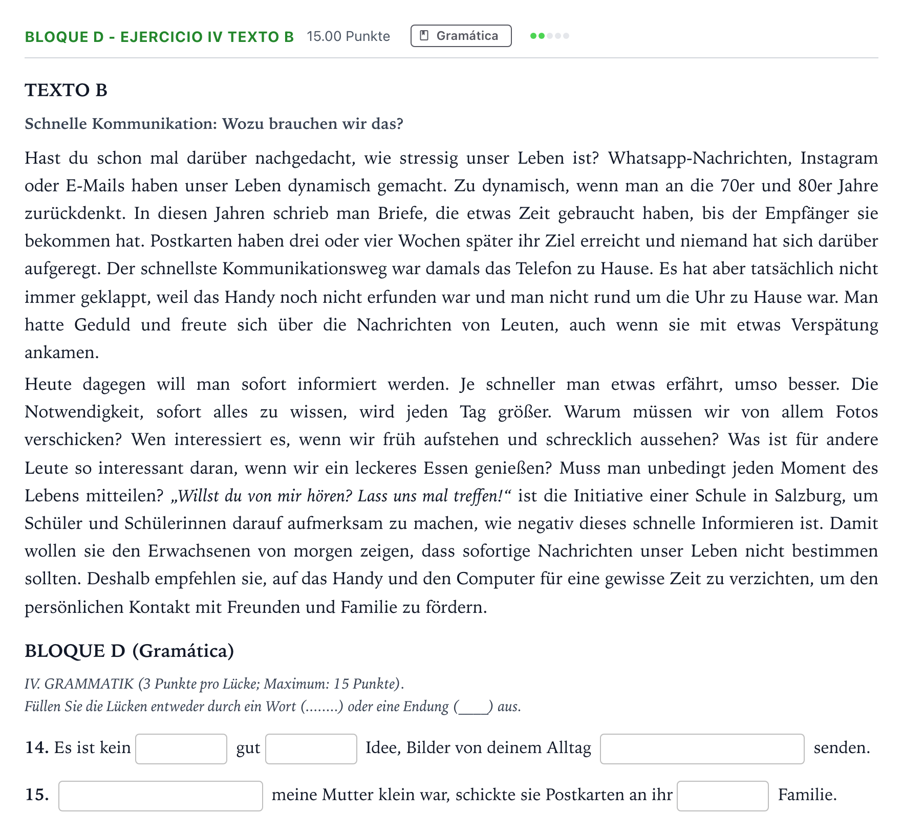 Enunciado: Bloque D - Ejercicio IV Texto B · Alemán PAU Andalucía Extraordinaria Suplente 2022