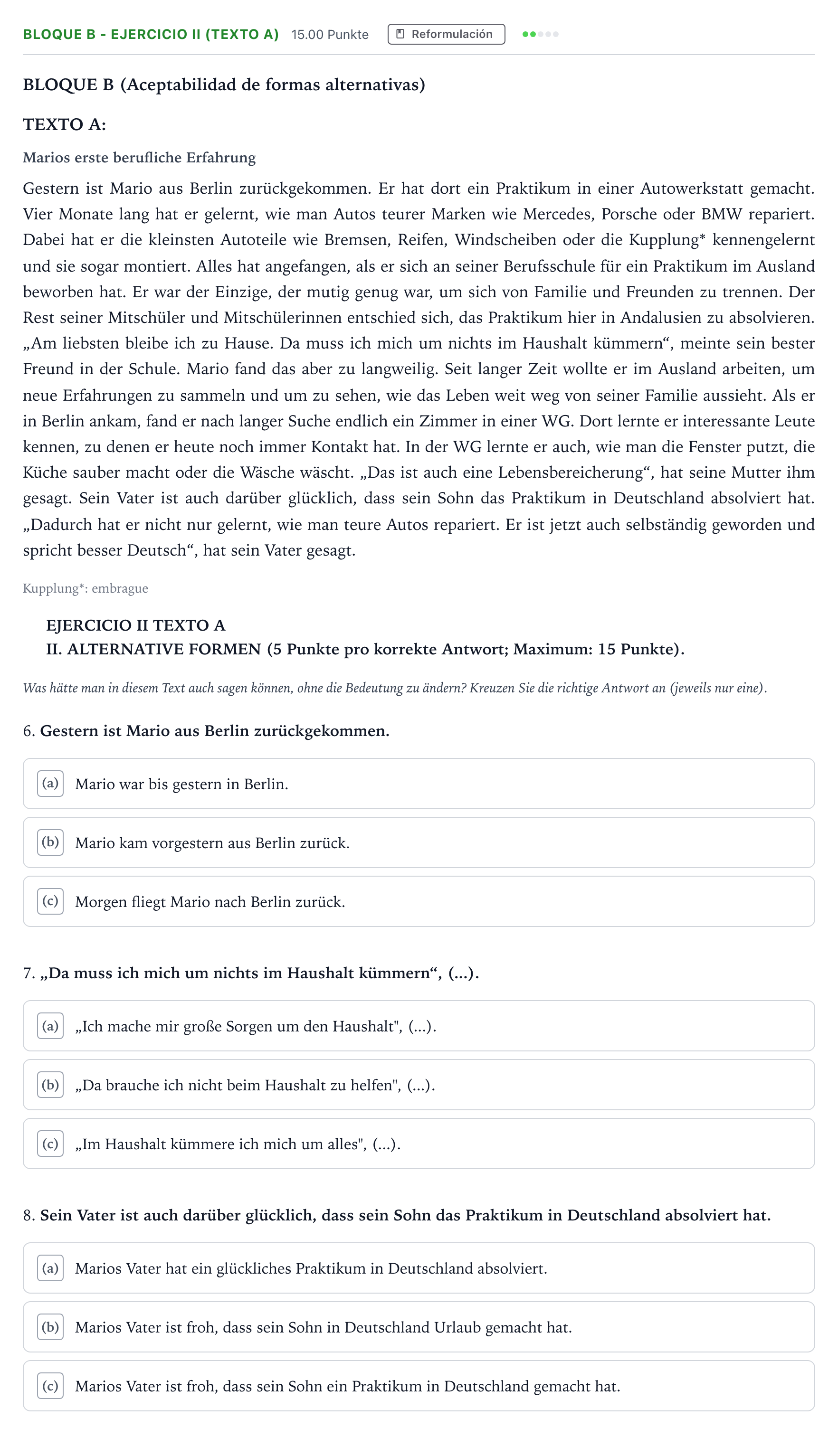 Enunciado: Bloque B - Ejercicio II (Texto A) · Alemán PAU Andalucía Ordinaria Suplente 2022