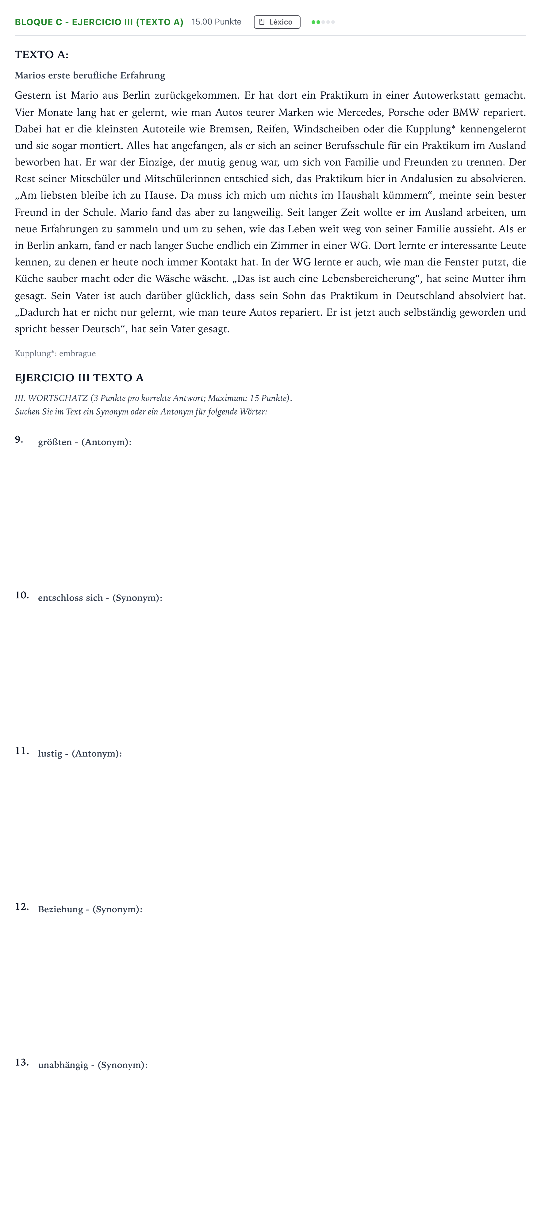 Enunciado: Bloque C - Ejercicio III (Texto A) · Alemán PAU Andalucía Ordinaria Suplente 2022