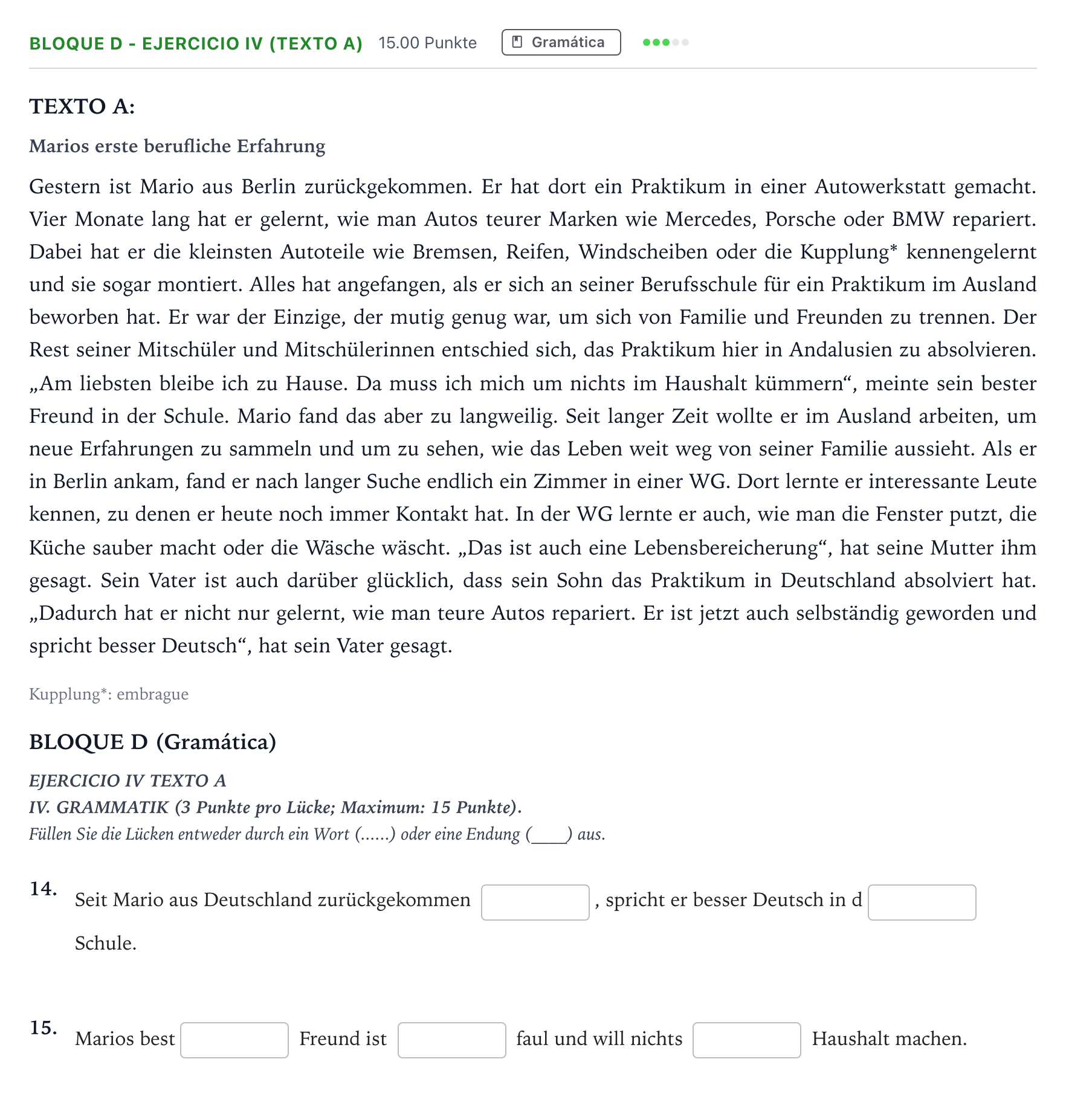Enunciado: Bloque D - Ejercicio IV (Texto A) · Alemán PAU Andalucía Ordinaria Suplente 2022
