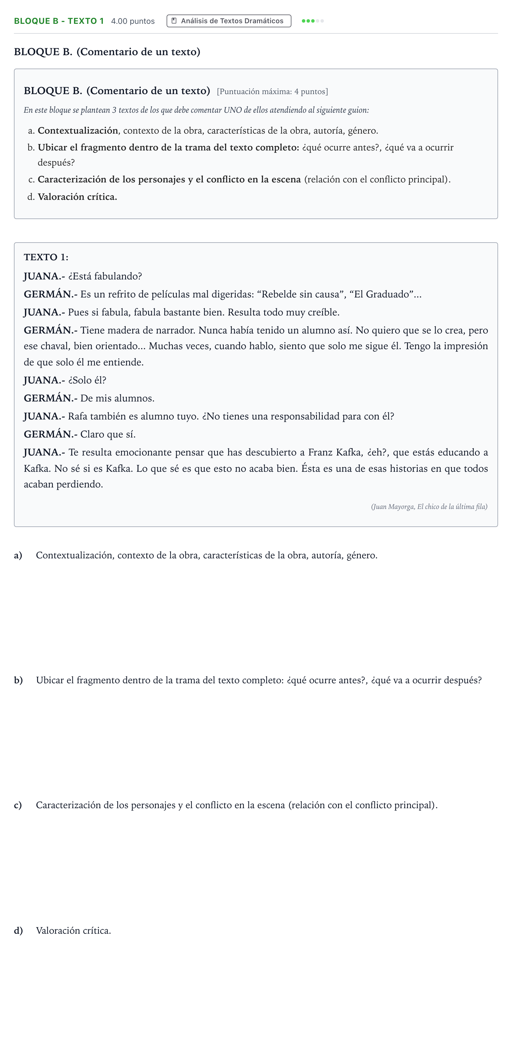 Enunciado: Bloque B - Texto 1 · Artes Escénicas PAU Andalucía Extraordinaria Titular 2022