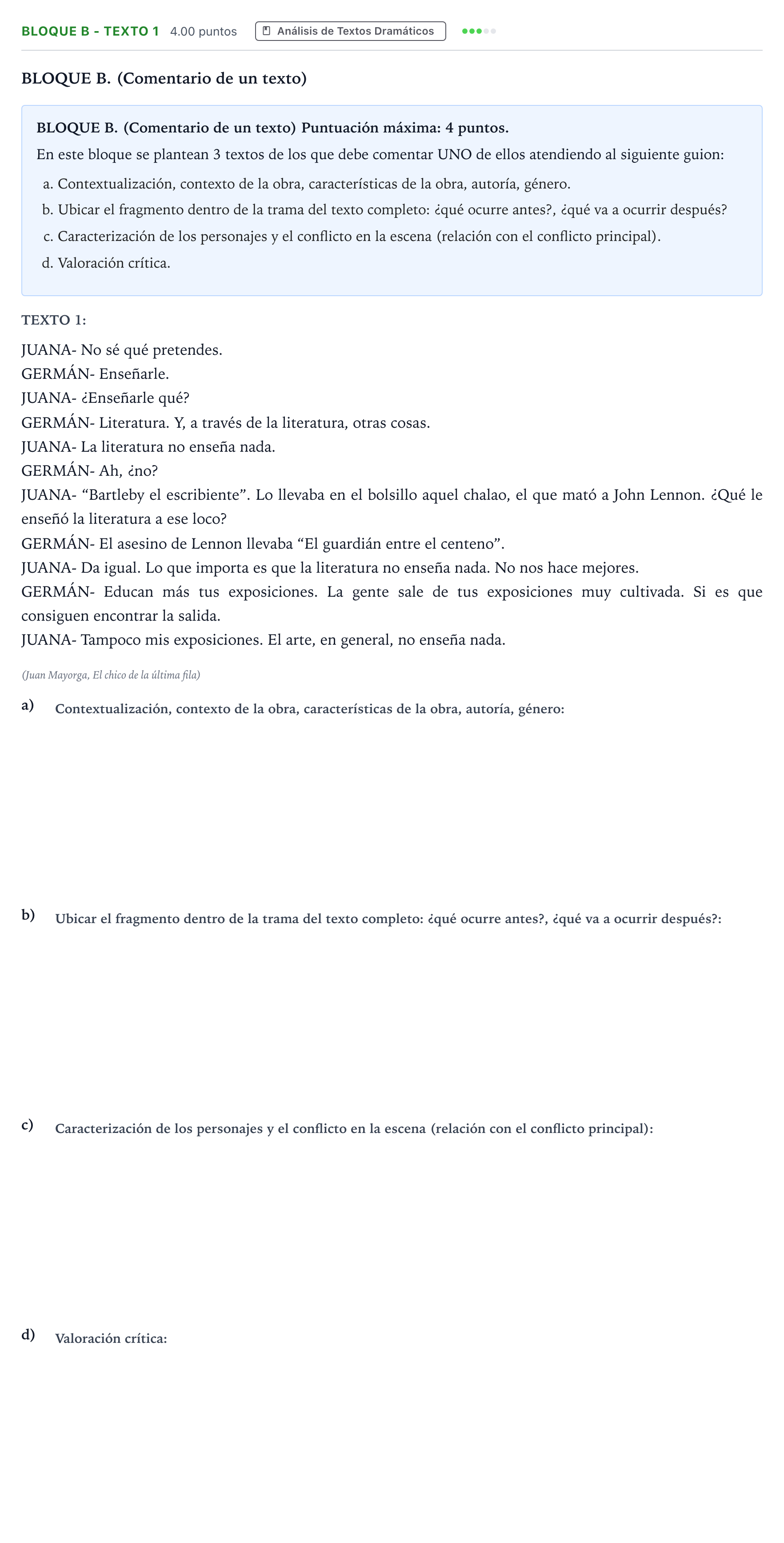 Enunciado: Bloque B - Texto 1 · Artes Escénicas PAU Andalucía Ordinaria Suplente 2022