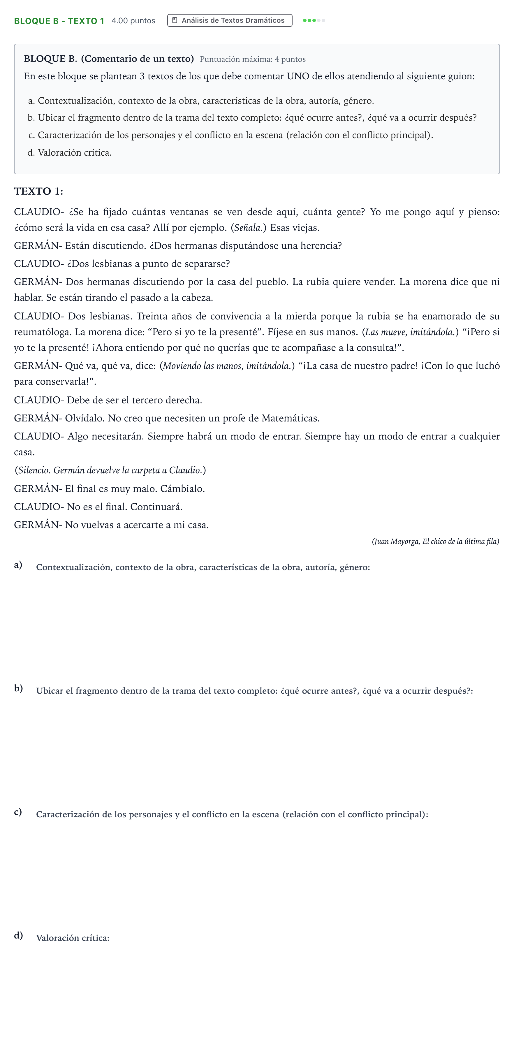Enunciado: Bloque B - Texto 1 · Artes Escénicas PAU Andalucía Ordinaria Titular 2022