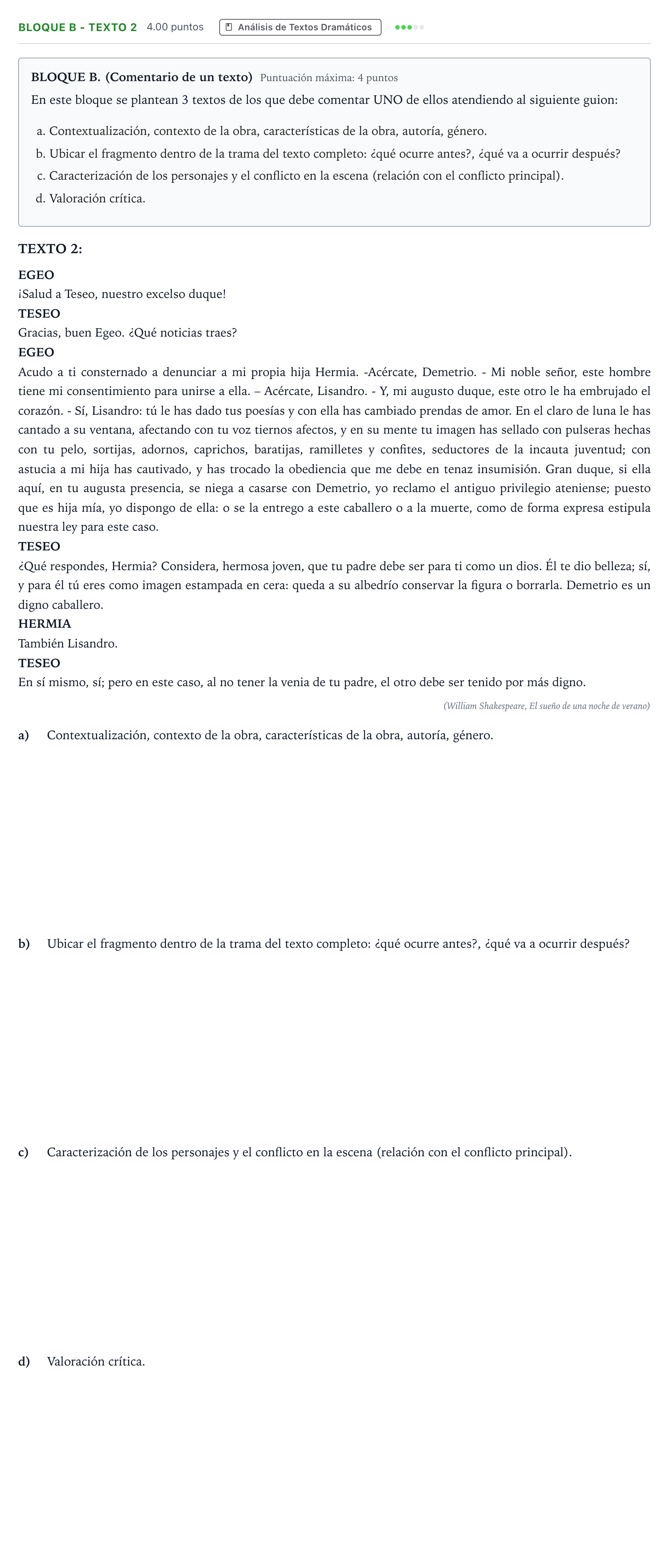 Enunciado: Bloque B - Texto 2 · Artes Escénicas PAU Andalucía Ordinaria Titular 2022