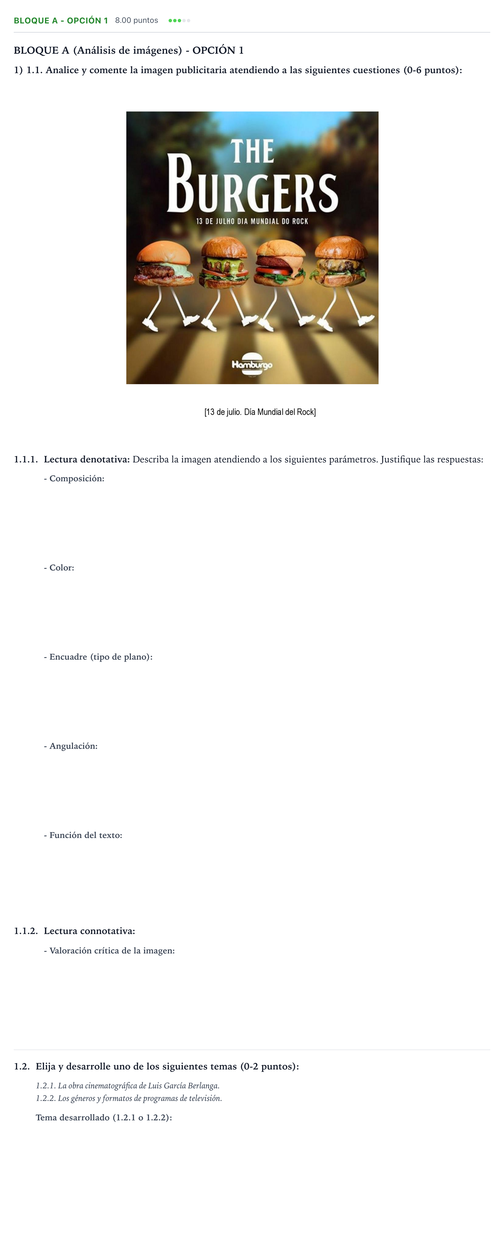 Enunciado: Bloque A - Opción 1 · Cultura Audiovisual II PAU Andalucía Extraordinaria Reserva 2022