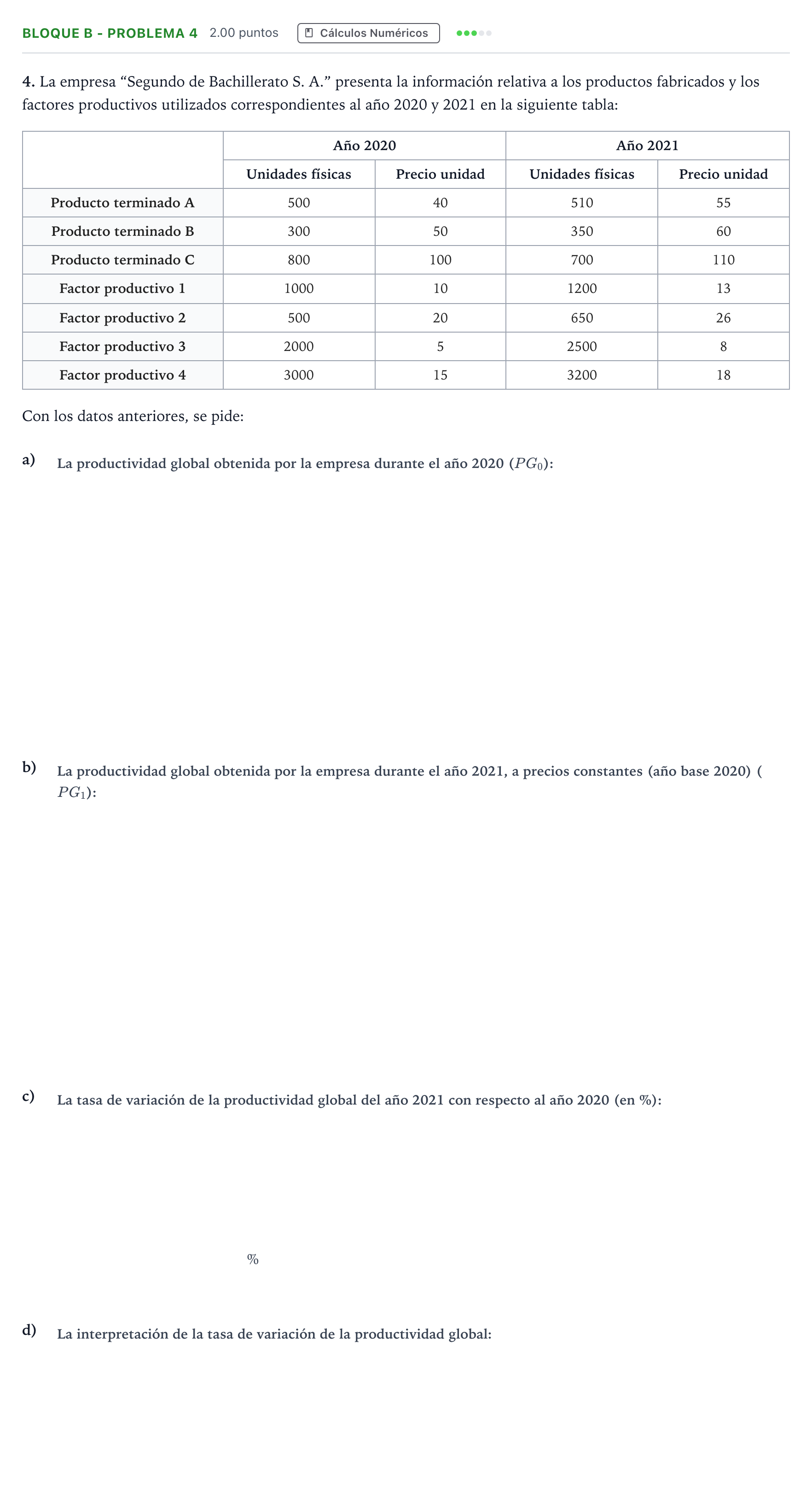 Enunciado: Bloque B - Problema 4 · Economía de la Empresa PAU Andalucía Ordinaria Titular 2022