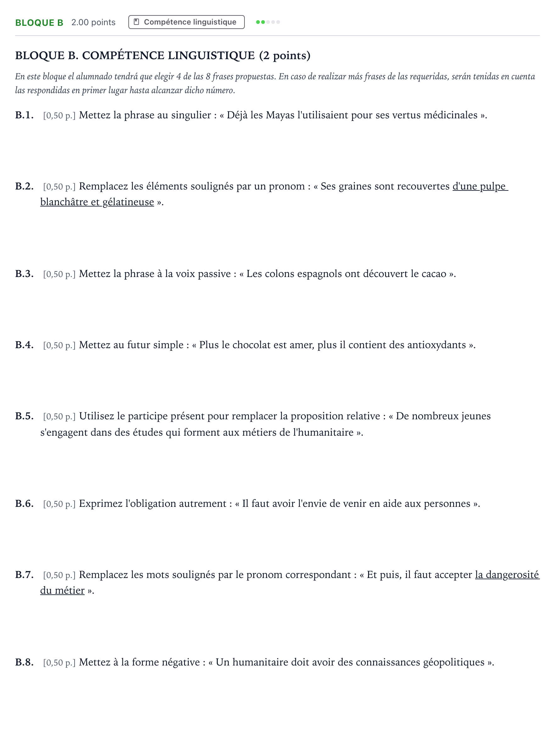 Enunciado: Bloque B · Francés PAU Andalucía Extraordinaria Reserva 2022