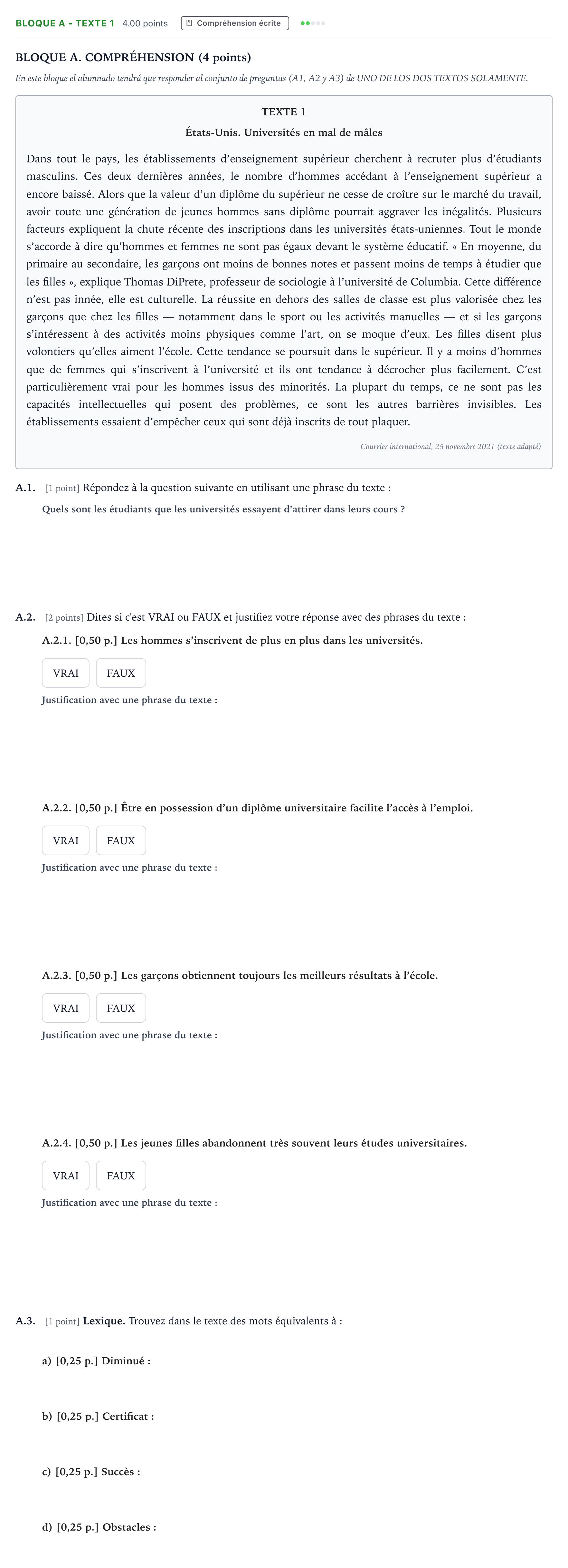 Enunciado: Bloque A - Texte 1 · Francés PAU Andalucía Extraordinaria Suplente 2022