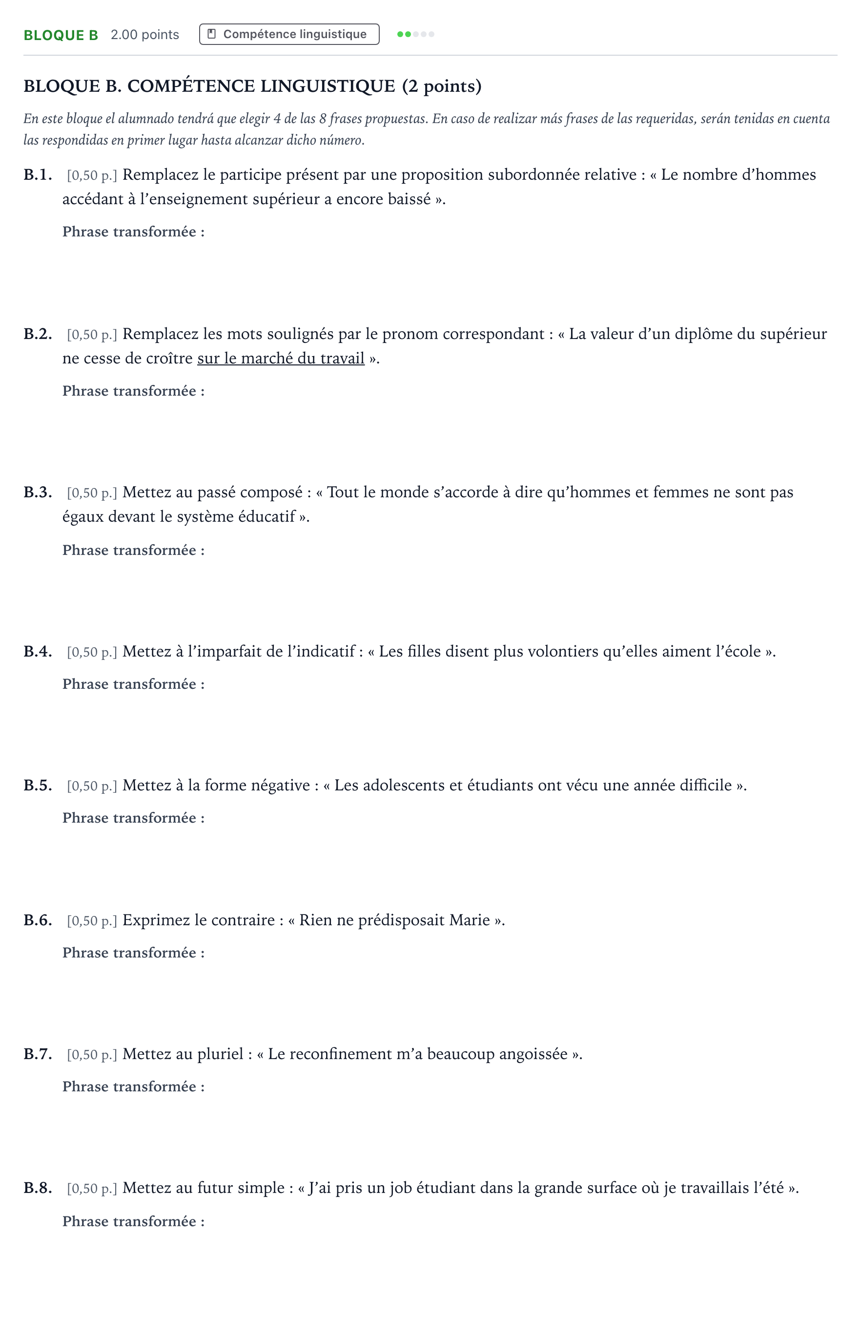 Enunciado: Bloque B · Francés PAU Andalucía Extraordinaria Suplente 2022