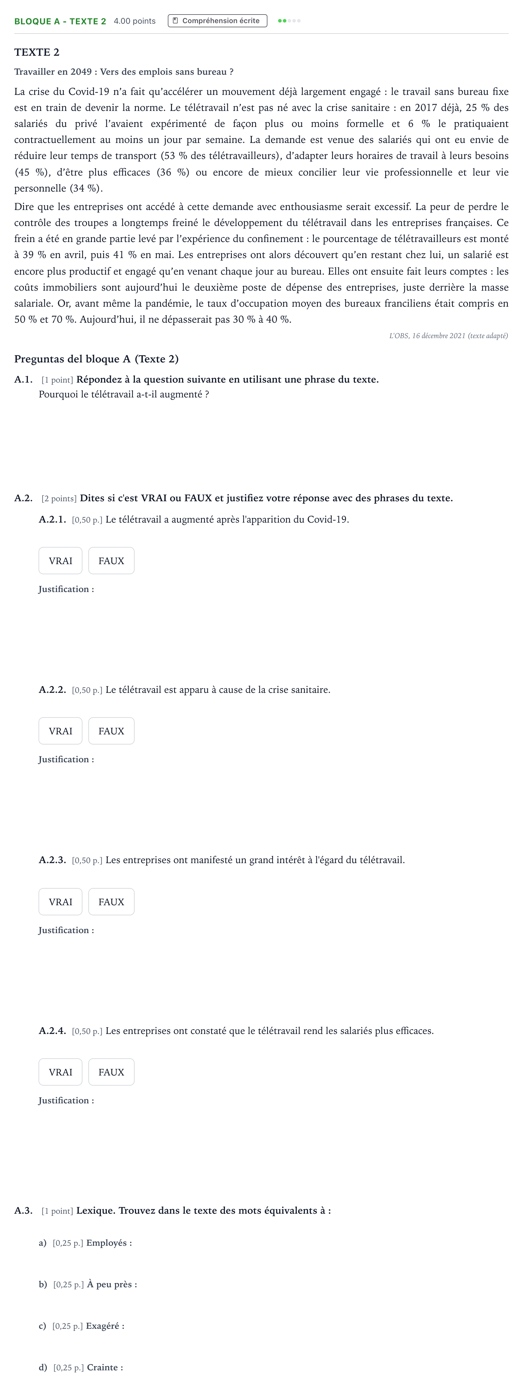 Enunciado: Bloque A - Texte 2 · Francés PAU Andalucía Extraordinaria Titular (Acceso) 2022