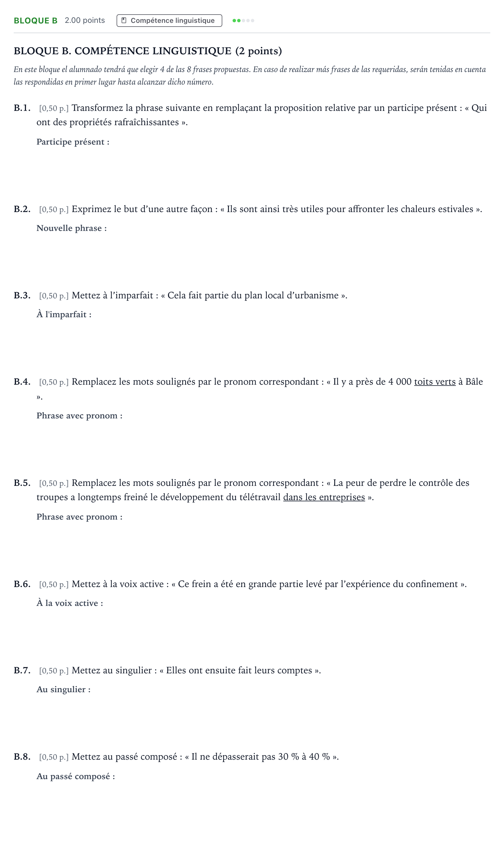 Enunciado: Bloque B · Francés PAU Andalucía Extraordinaria Titular (Acceso) 2022