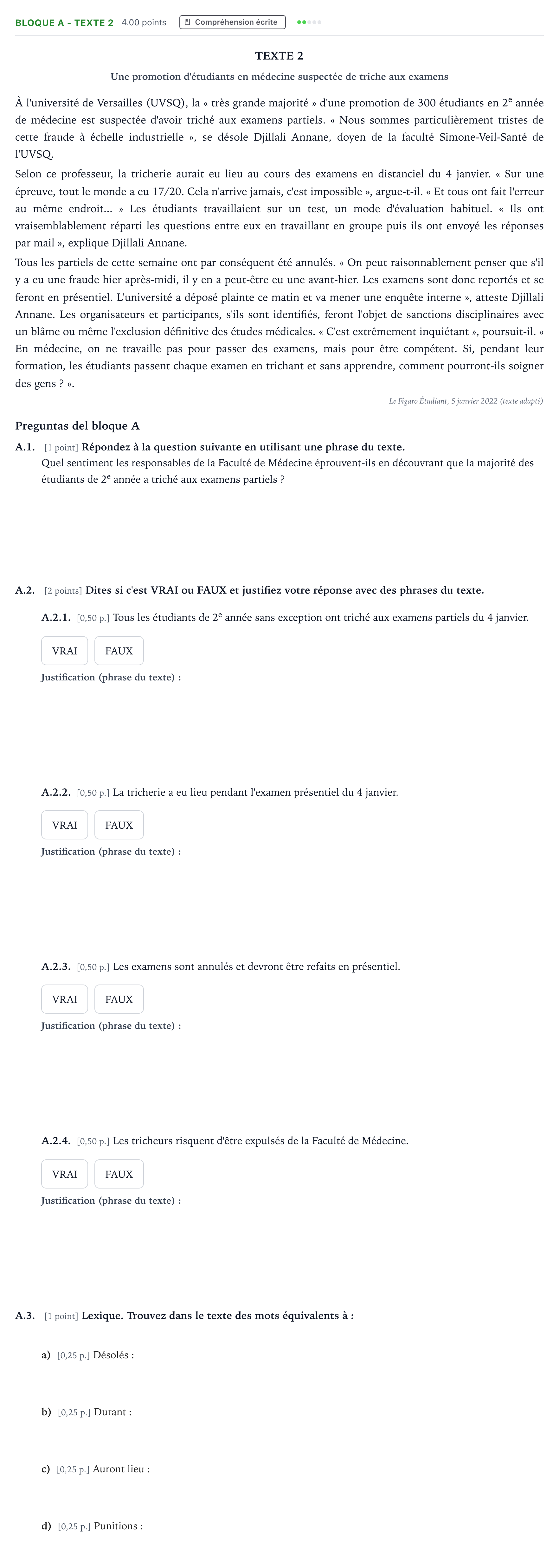 Enunciado: Bloque A - Texte 2 · Francés PAU Andalucía Ordinaria Reserva 2022