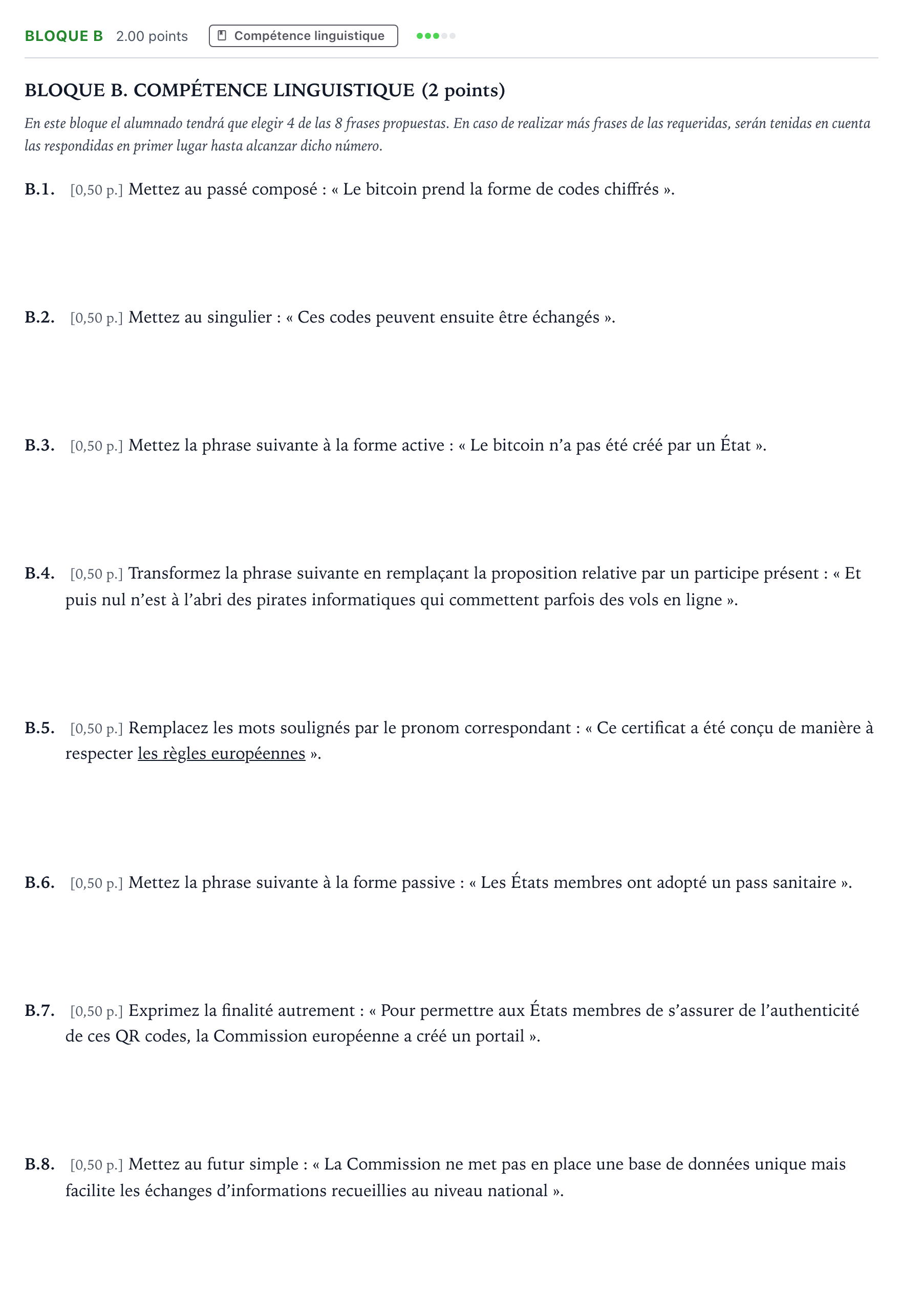 Enunciado: Bloque B · Francés PAU Andalucía Ordinaria Suplente 2022
