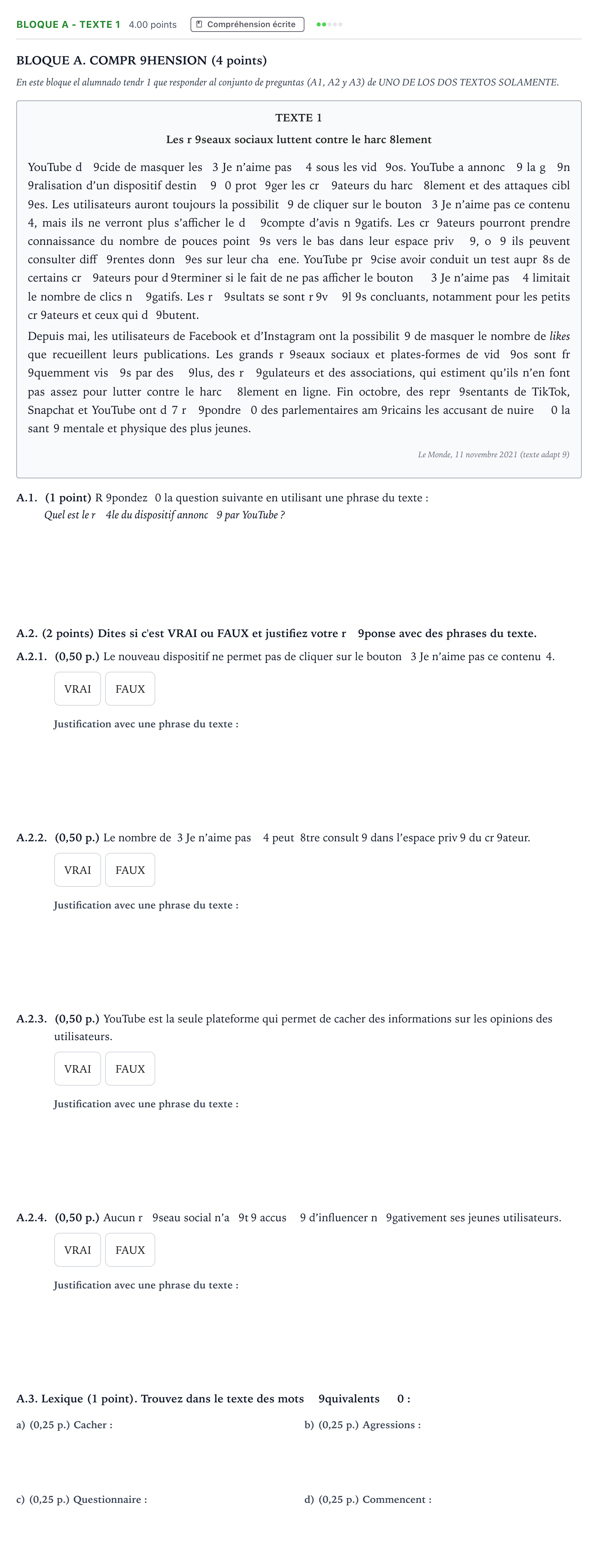 Enunciado: Bloque A - Texte 1 · Francés PAU Andalucía Ordinaria Titular (Admisión) 2022
