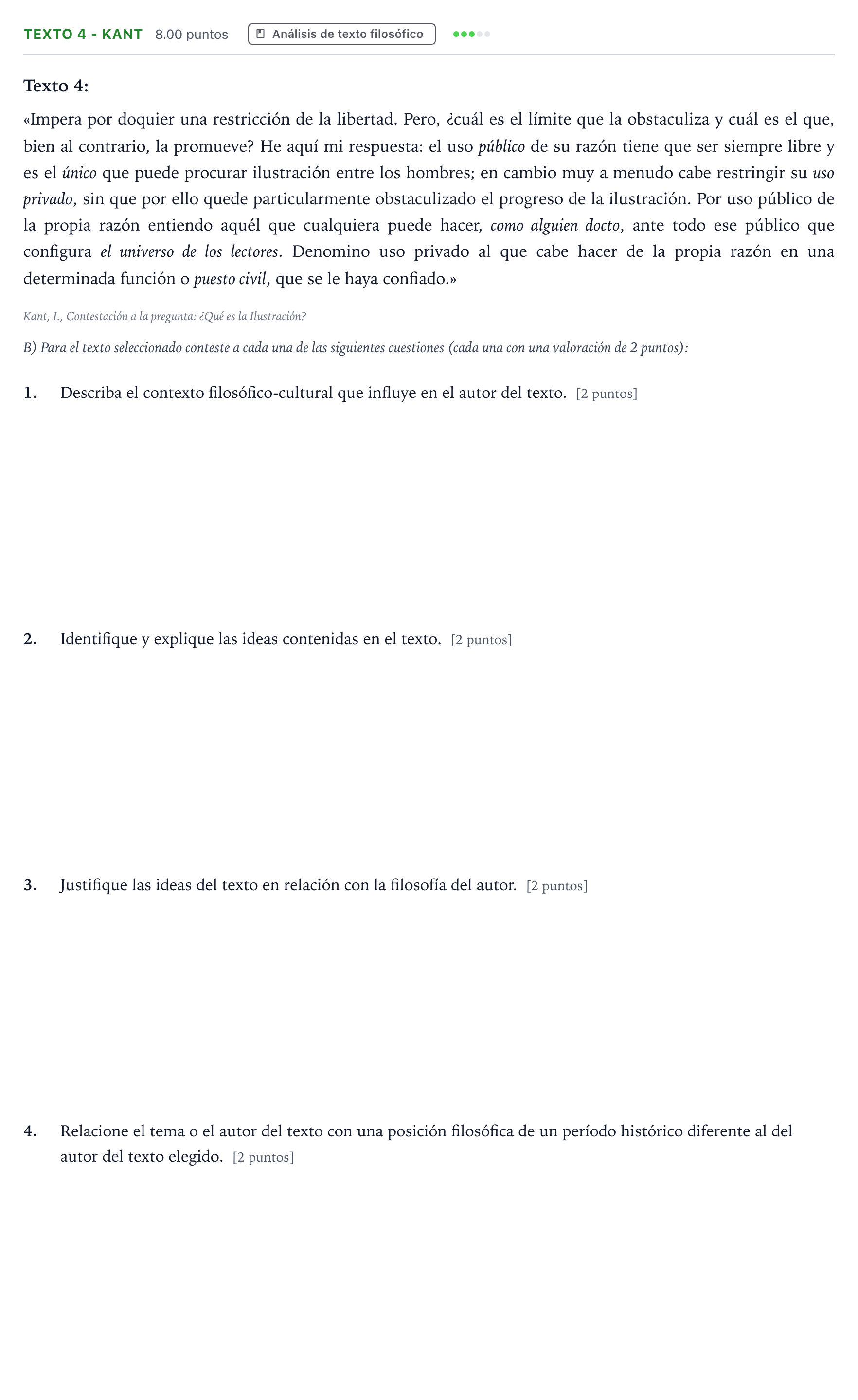 Enunciado: Ejercicio Texto 4 - Kant · Historia de la Filosofía PAU Andalucía Extraordinaria Suplente 2022
