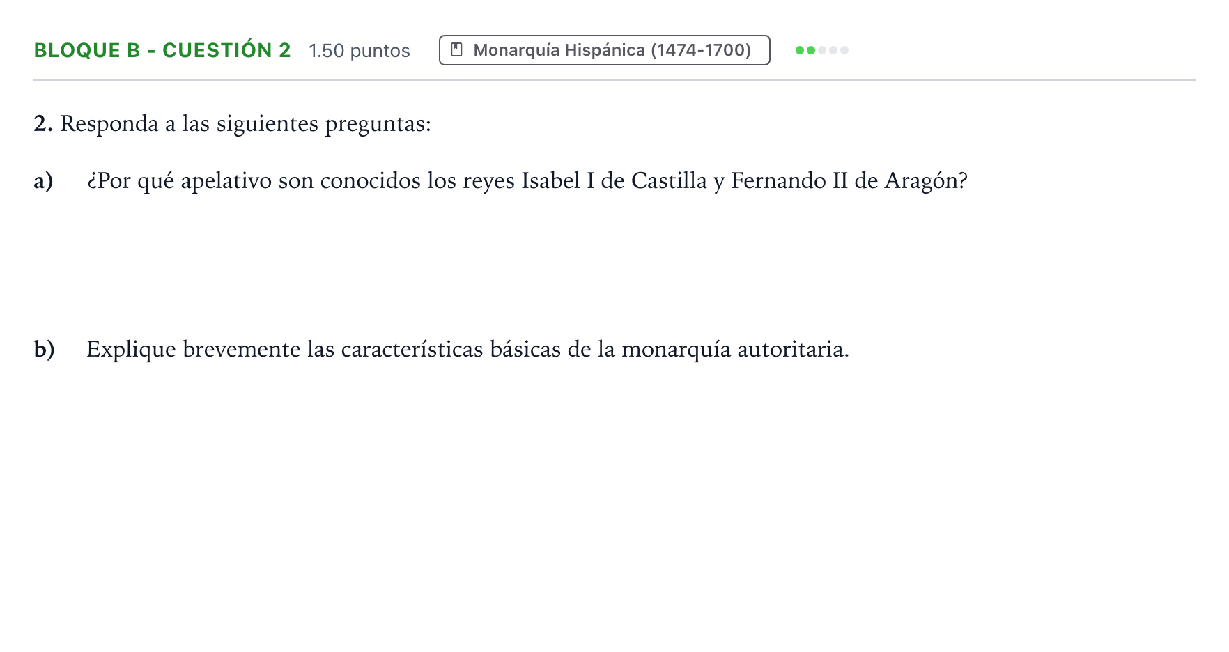 Enunciado: Bloque B - Cuestión 2 · Historia de España PAU Andalucía Ordinaria Suplente 2022
