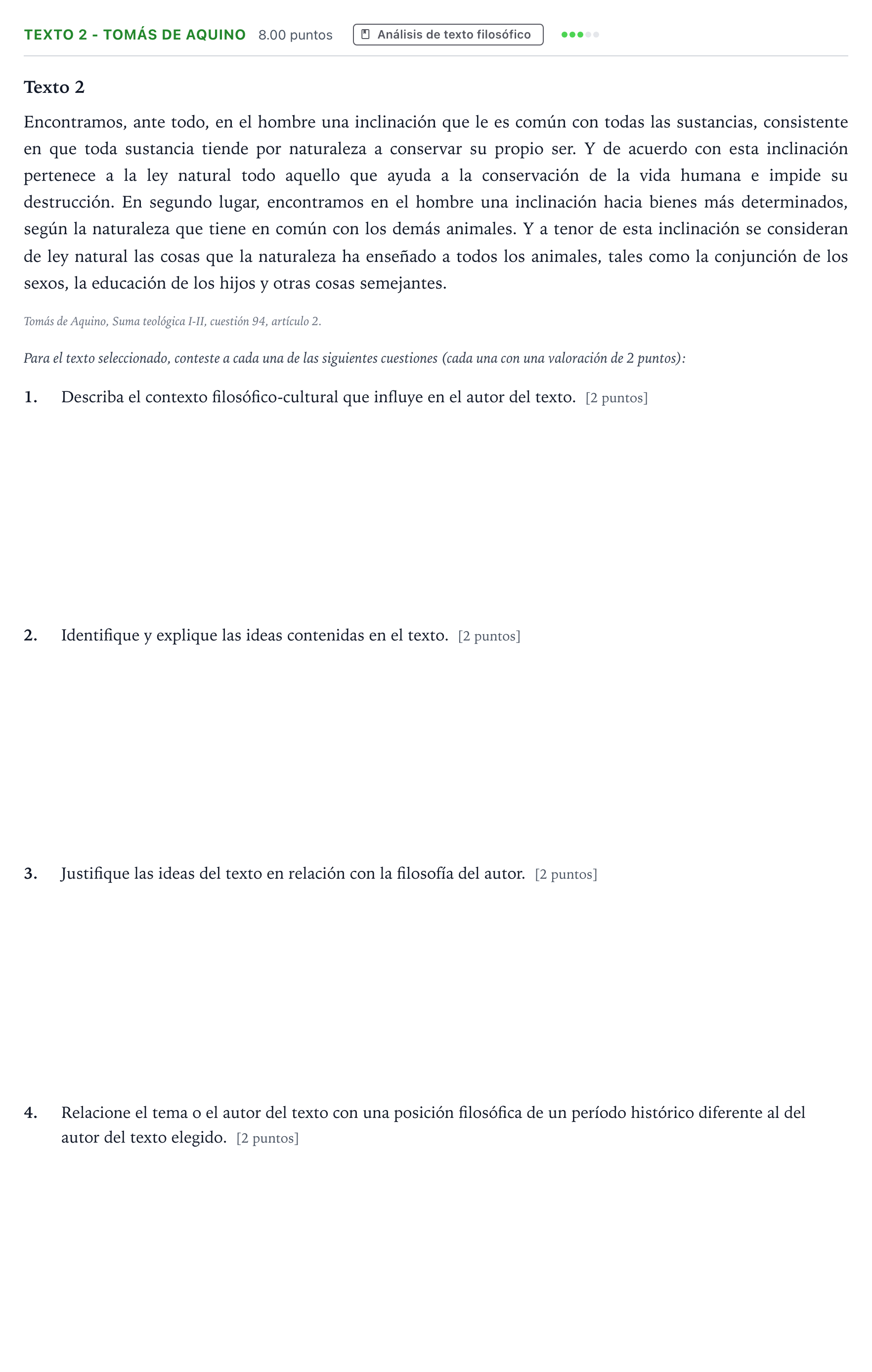 Enunciado: Ejercicio Texto 2 - Tomás de Aquino · Historia de la Filosofía PAU Andalucía Ordinaria Suplente 2022
