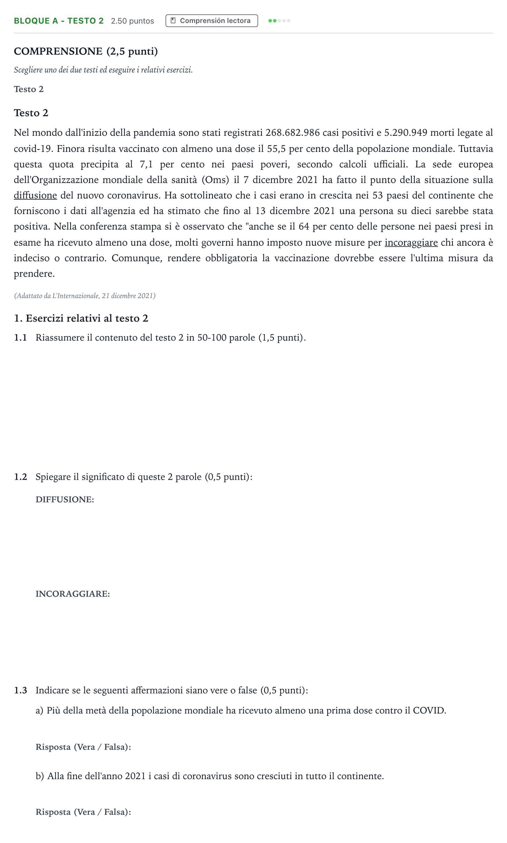 Enunciado: Bloque A - Testo 2 · Italiano PAU Andalucía Extraordinaria Titular (Admisión) 2022